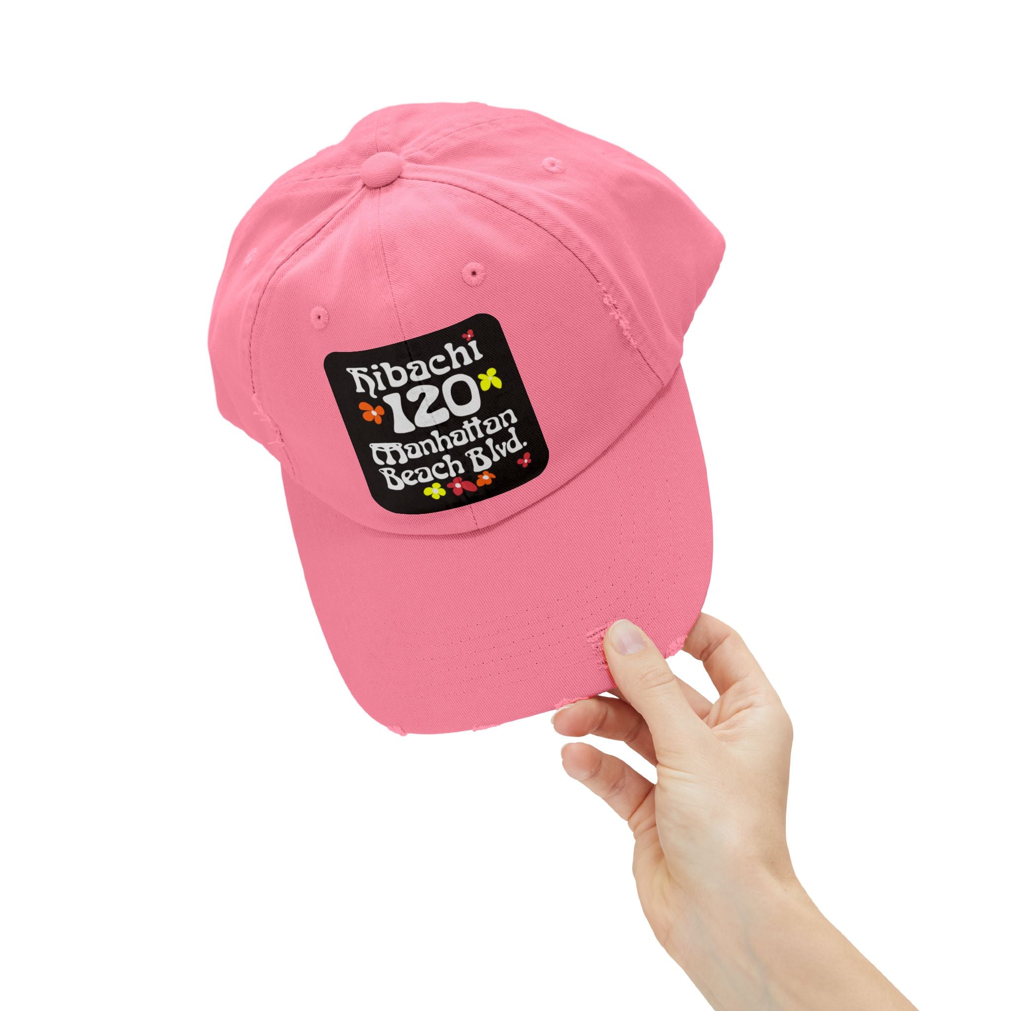 Distressed Cap — Hibachi 120 Manhattan Beach Blvd. Retro Floral Hat "Gone But Not Forgotten" #OldSchool