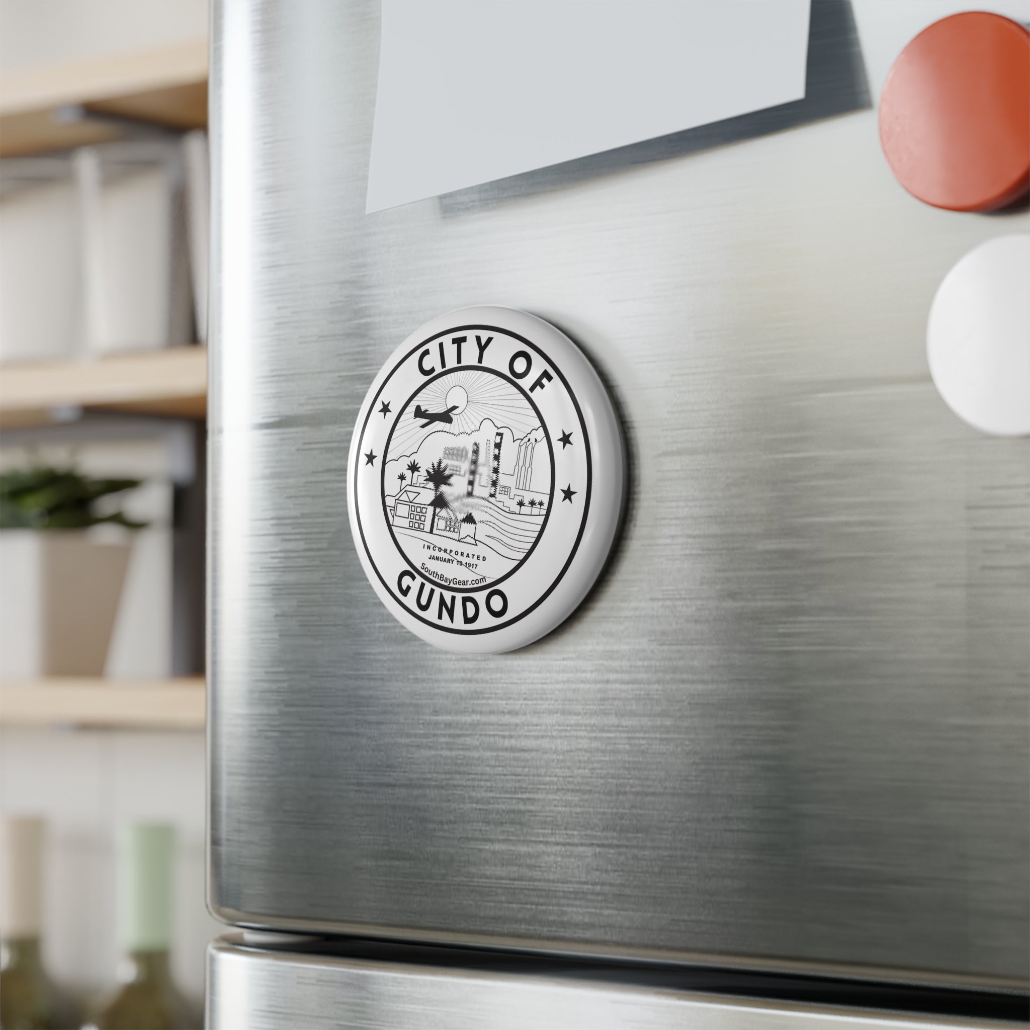 City of Gundo Round Button Magnet — Retro Seal Fridge Magnet