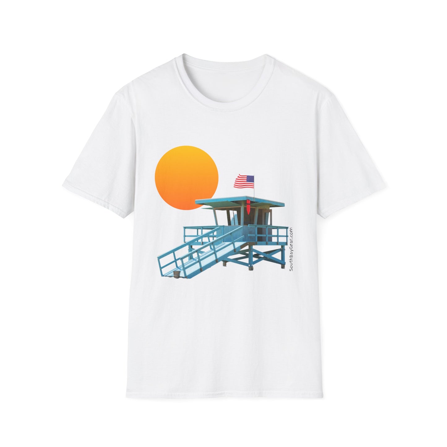 South Bay Lifeguard Stand with American Flag Beach Scene M/W Softstyle T-Shirt