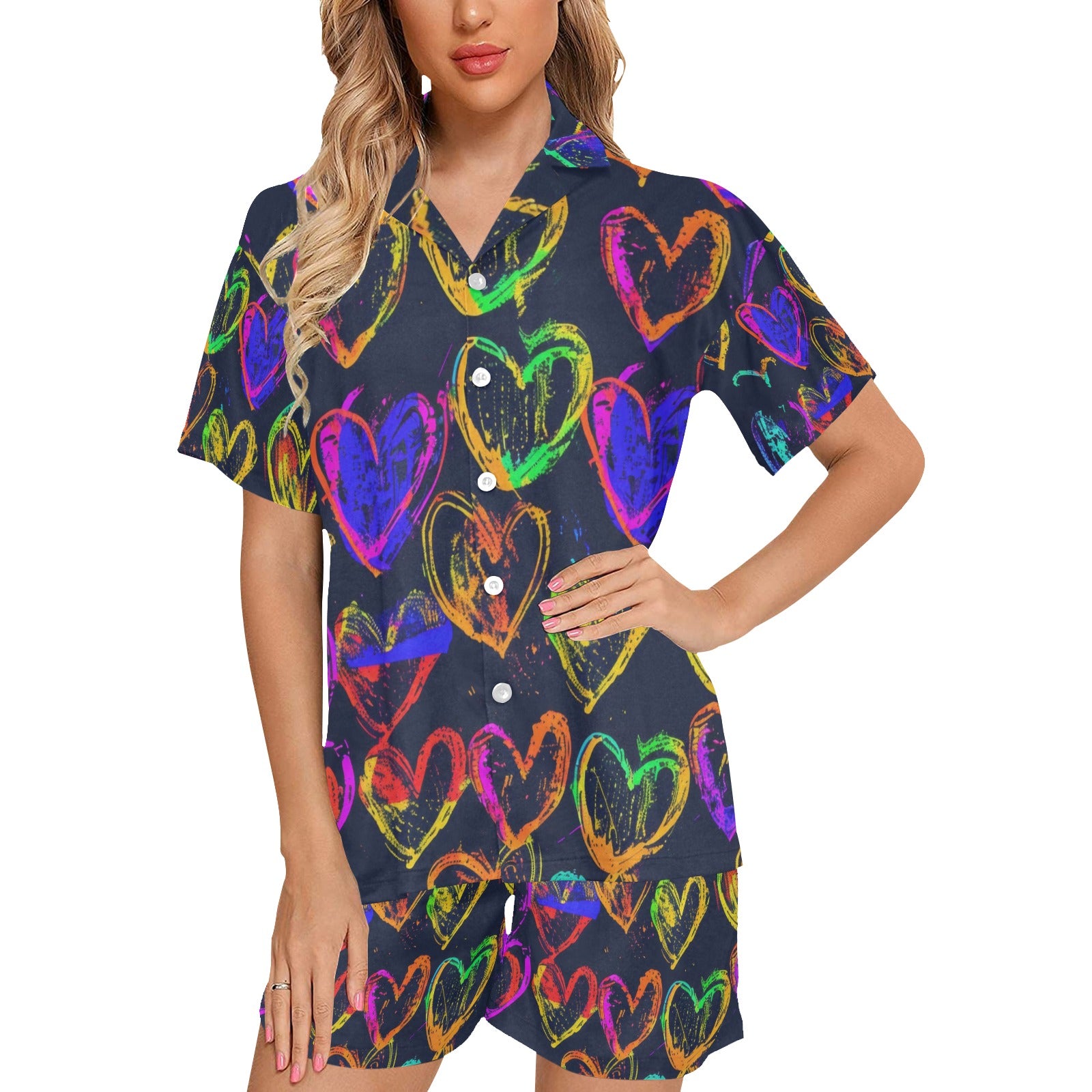 Crazy Heart Women's V-Neck Short Pajama Set Made in USA Free shipping