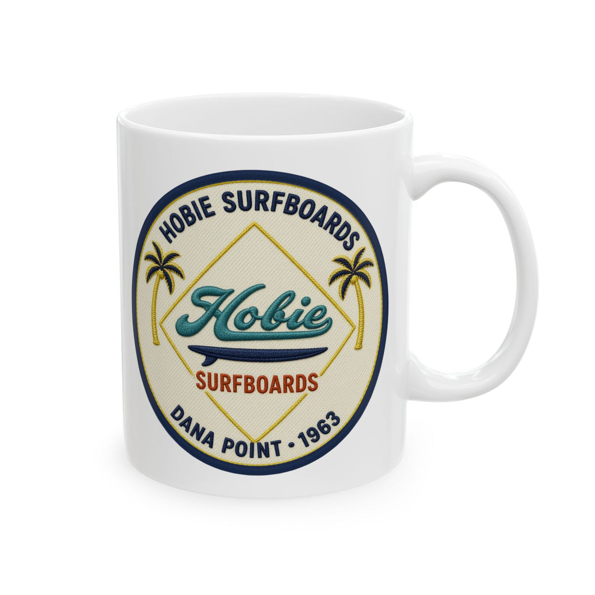 Vintage Beach Club Hobie Surfboards Ceramic Mug – Retro Palm Tree Surf Emblem Since 1963  (11oz, 15oz)