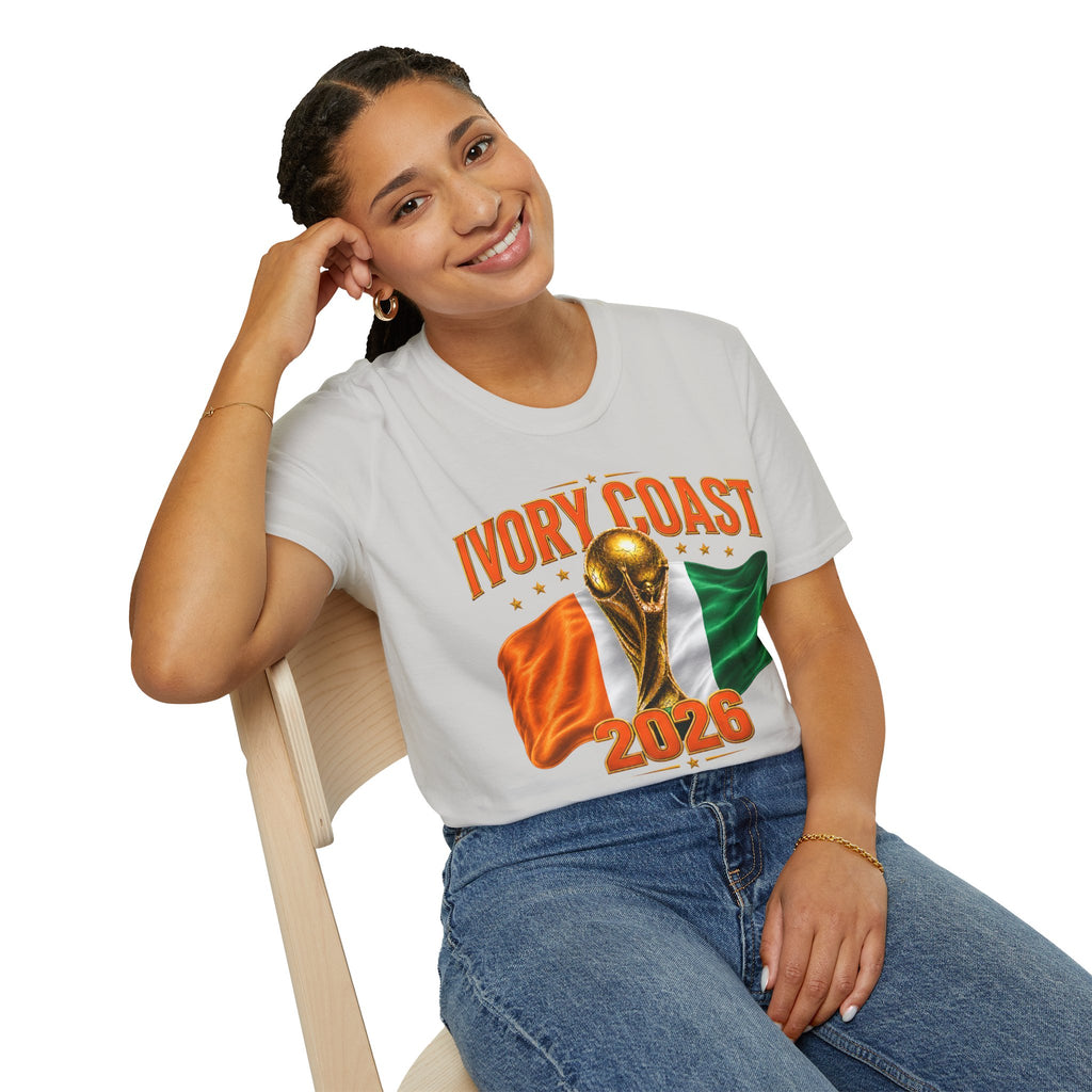Ivory Coast 2026 World Cup T‑Shirt — FIFA Trophy & Flag Soccer Fan Tee