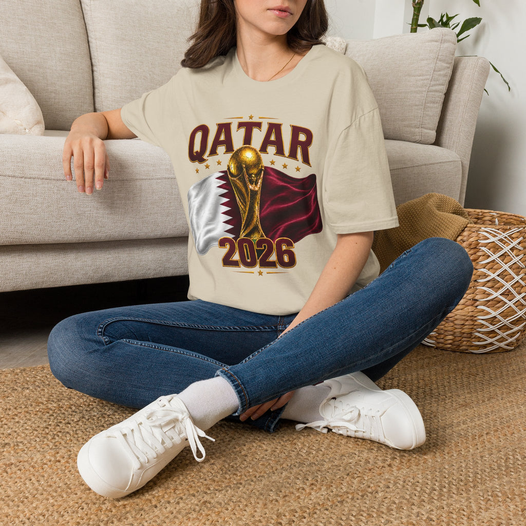 Qatar 2026 World Cup T-Shirt — Golden Trophy & Flag Soccer Tee