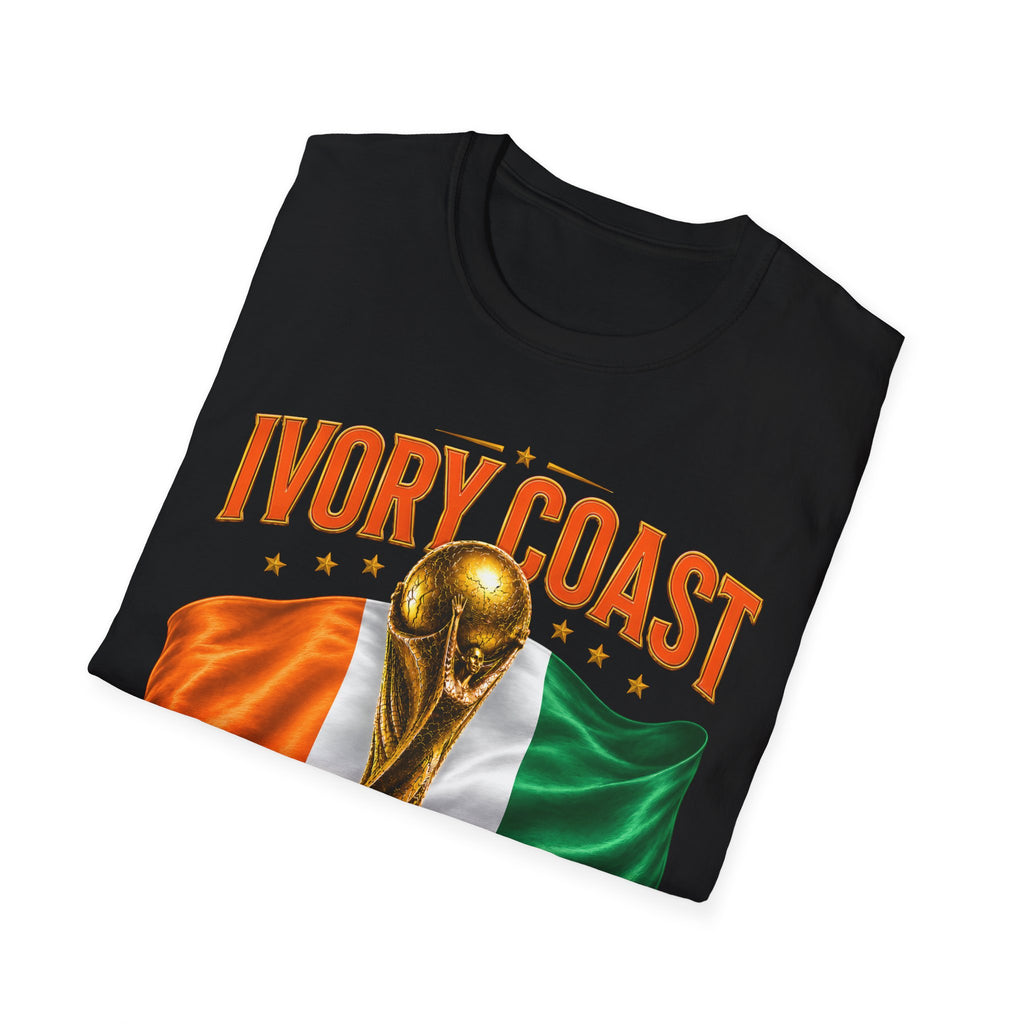Ivory Coast 2026 World Cup T‑Shirt — FIFA Trophy & Flag Soccer Fan Tee