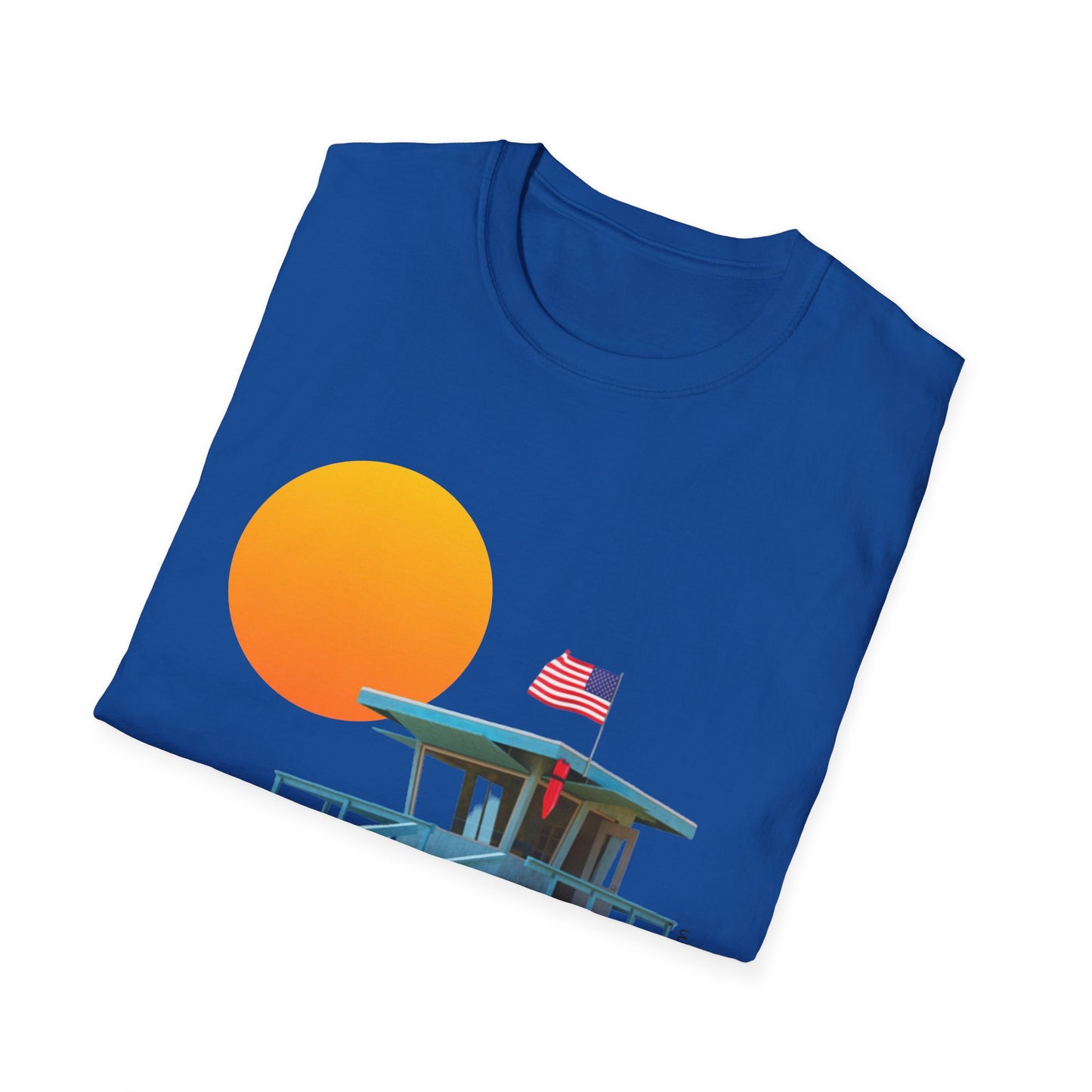 South Bay Lifeguard Stand with American Flag Beach Scene M/W Softstyle T-Shirt