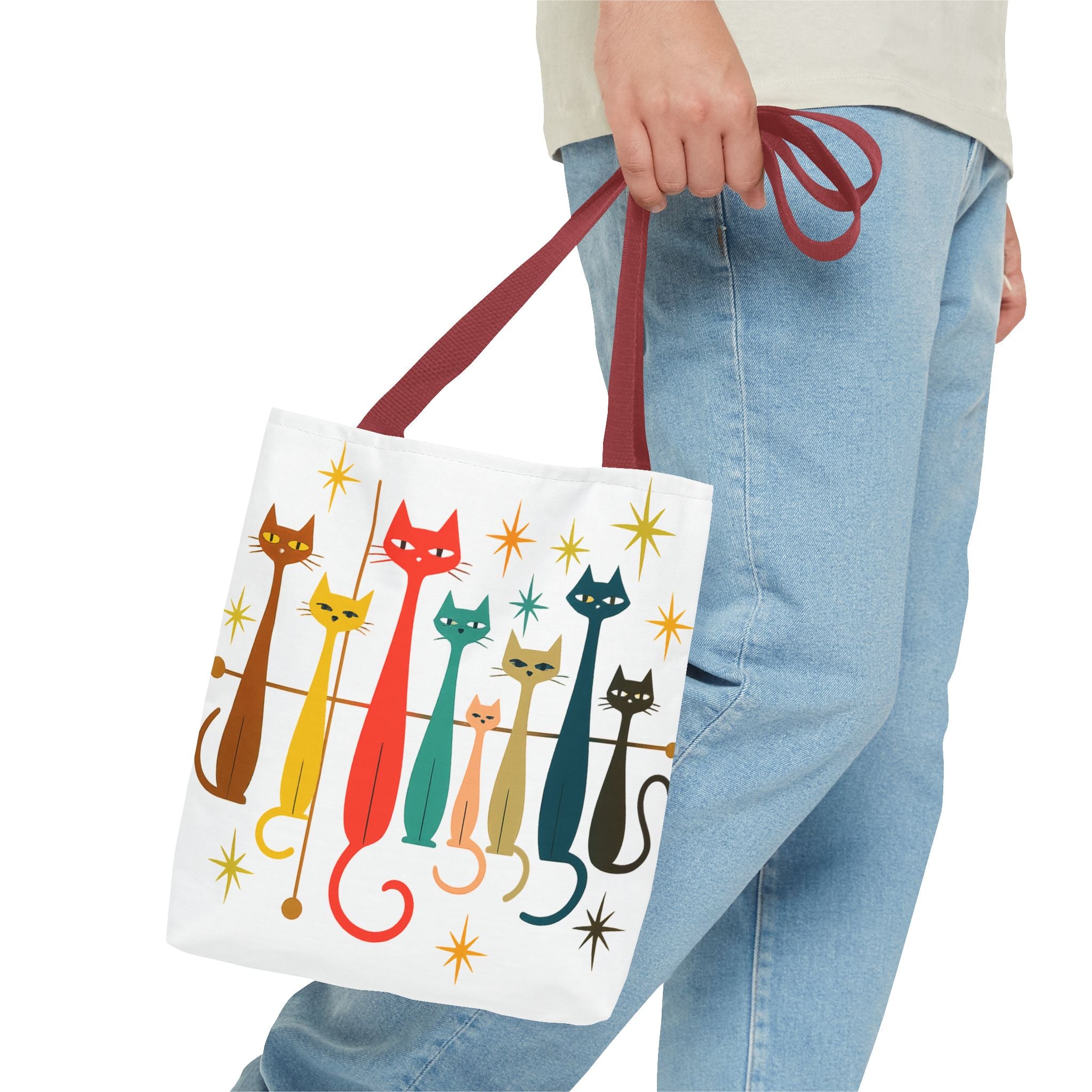 Retro Long Cats Tote Bag | Colorful Mid-Century Cat Pattern