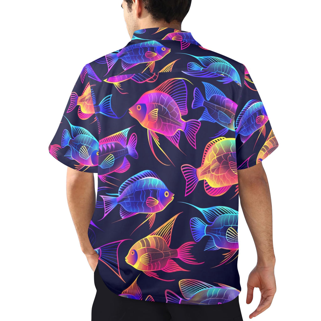 Tropical Neon Fish Men's All Over Print Hawaiian Shirt Made In USA Ships to USA Only