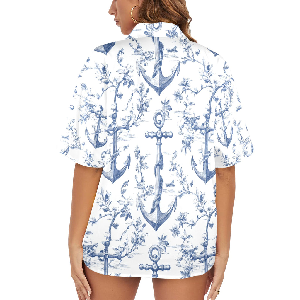 Ships Anchor Nautical Women's All Over Print Hawaiian Shirt Made in USA