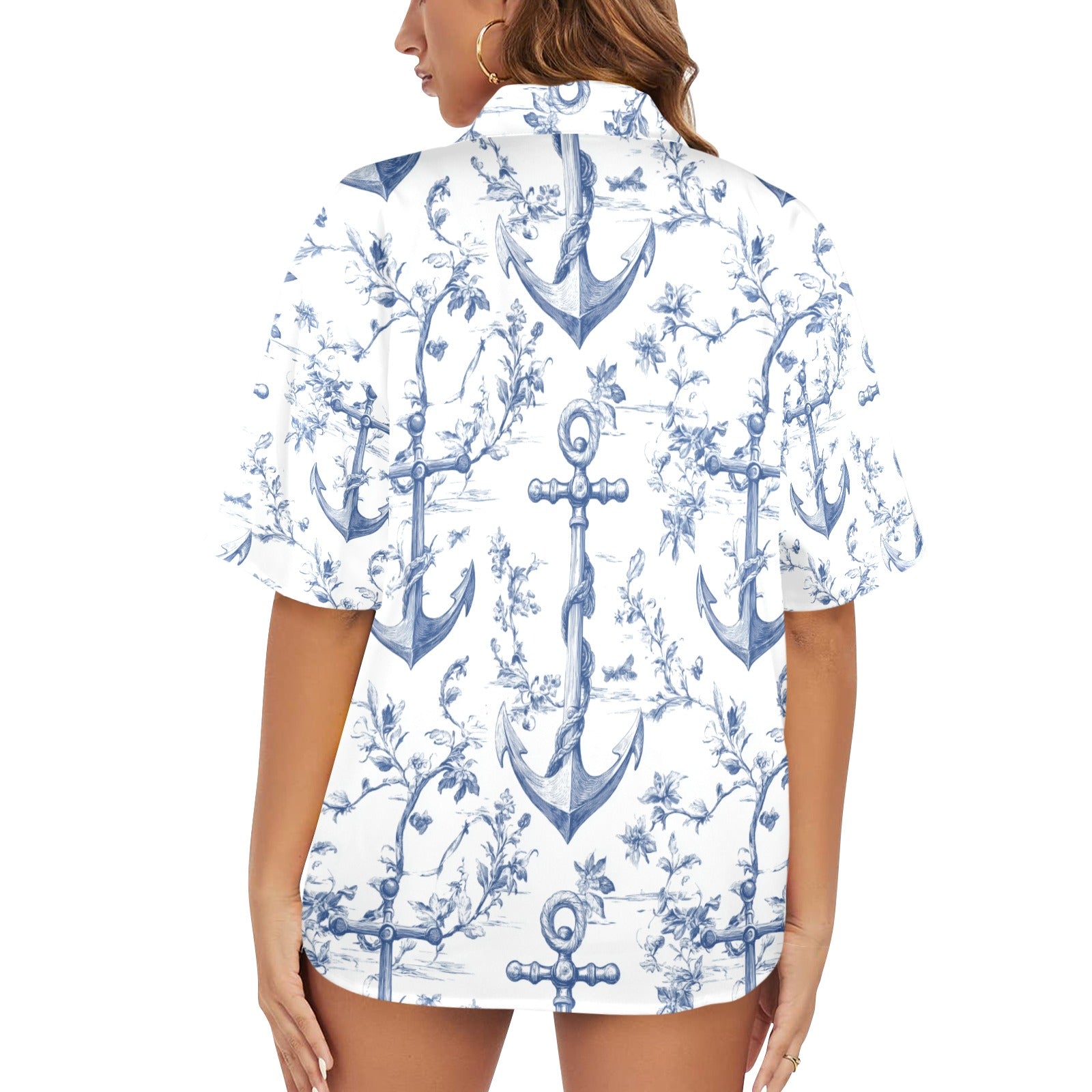 Ships Anchor Nautical Women's All Over Print Hawaiian Shirt Made in USA