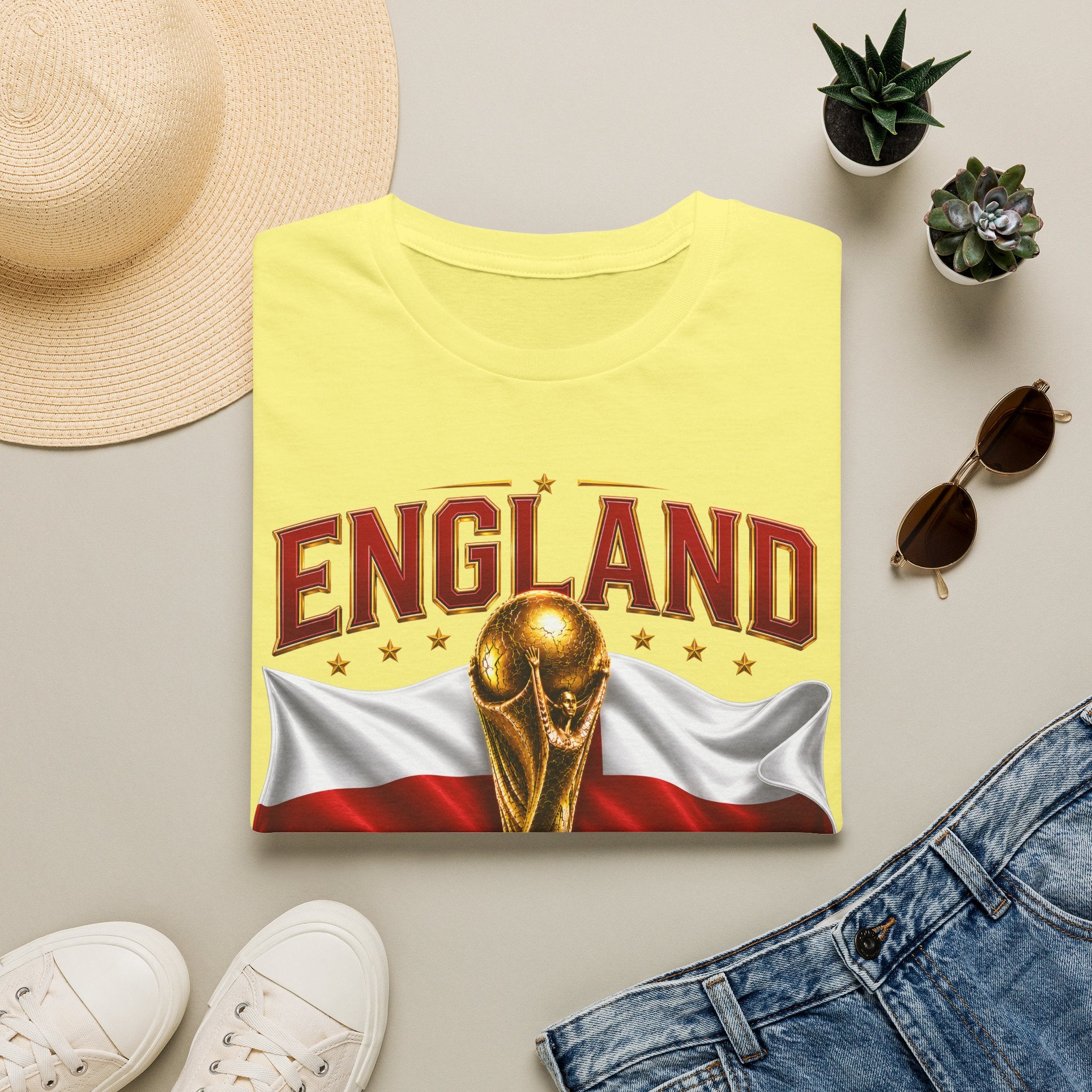 England 2026 World Cup T-Shirt — Gold Trophy & St George’s Flag Soccer Fan Tee