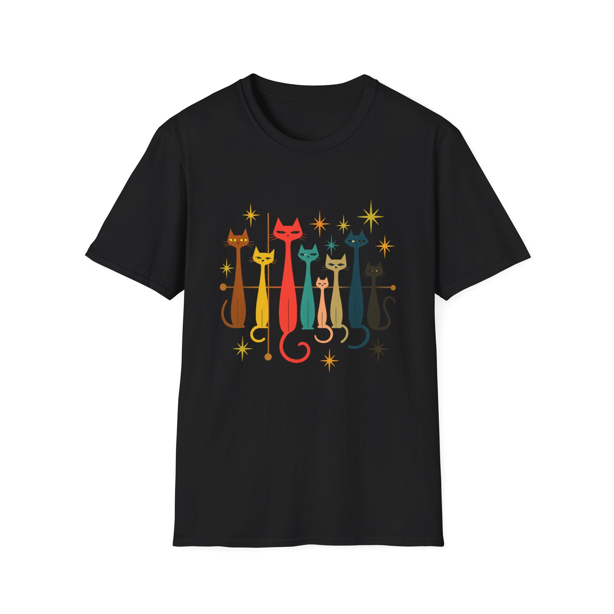 Retro Mid-Century Cats T-Shirt | Colorful Stylized Cat Illustration