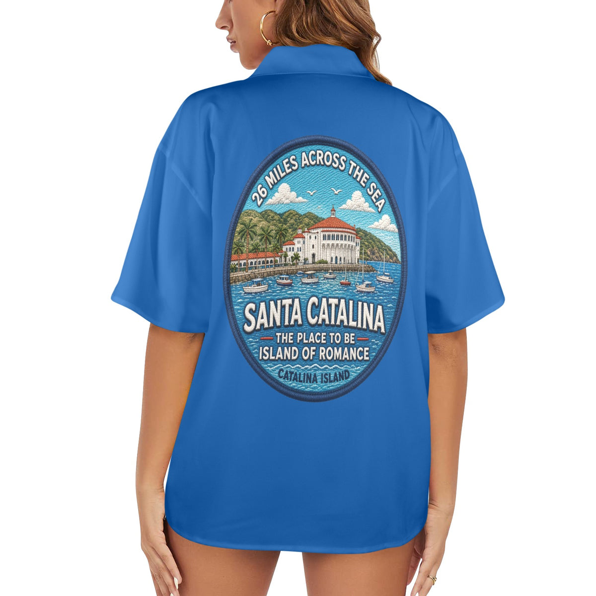 Santa Catalina the Island of Romance 26 Miles Across the Sea Women's All Over Print Hawaiian Shirt （Made in USA Ships to USA Only）