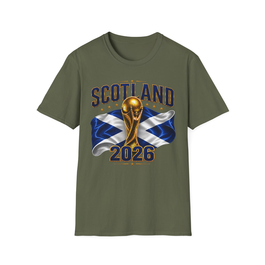 Scotland 2026 World Cup Soccer T-Shirt — Scottish Flag & Trophy Football Tee