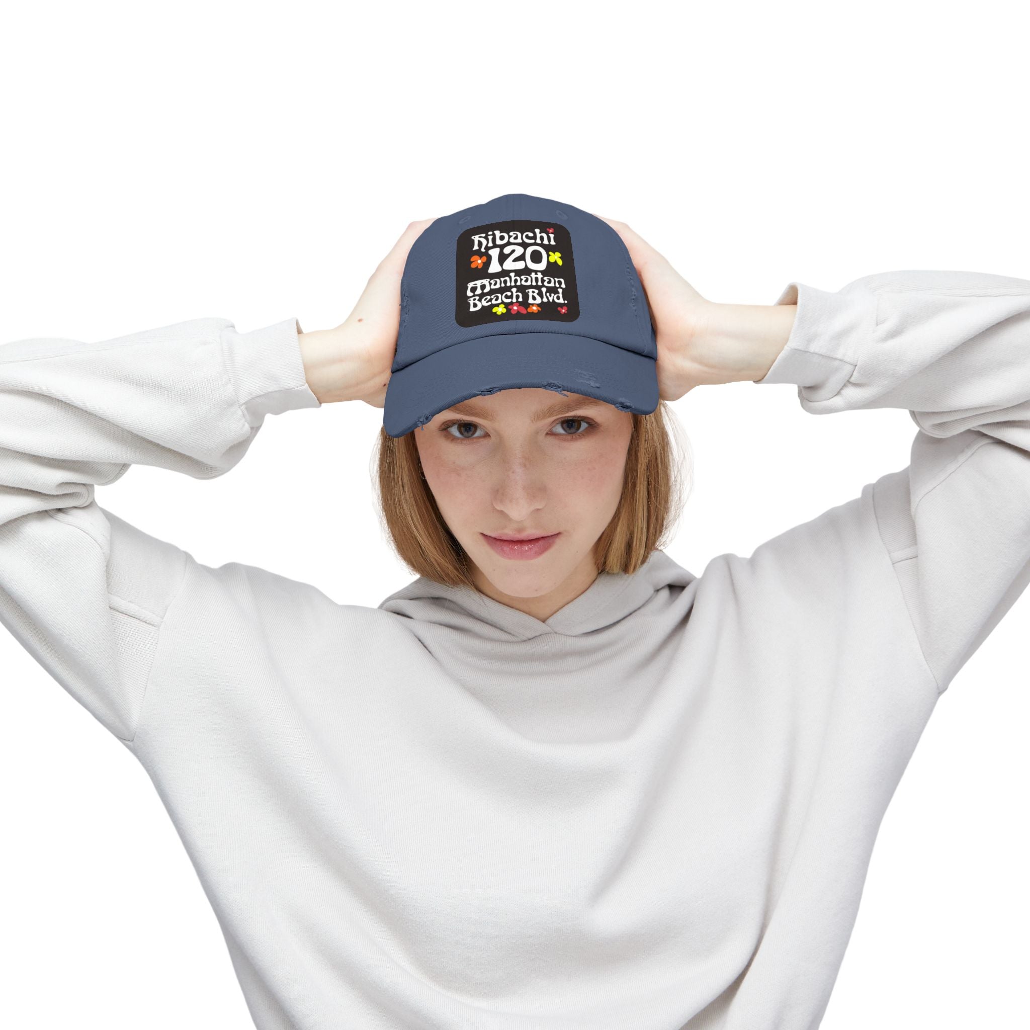 Distressed Cap — Hibachi 120 Manhattan Beach Blvd. Retro Floral Hat "Gone But Not Forgotten" #OldSchool