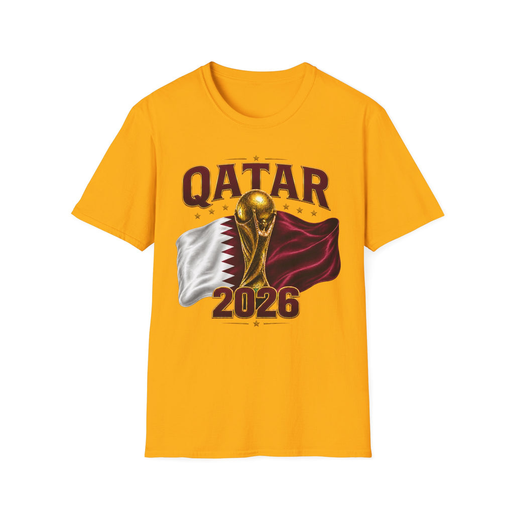 Qatar 2026 World Cup T-Shirt — Golden Trophy & Flag Soccer Tee