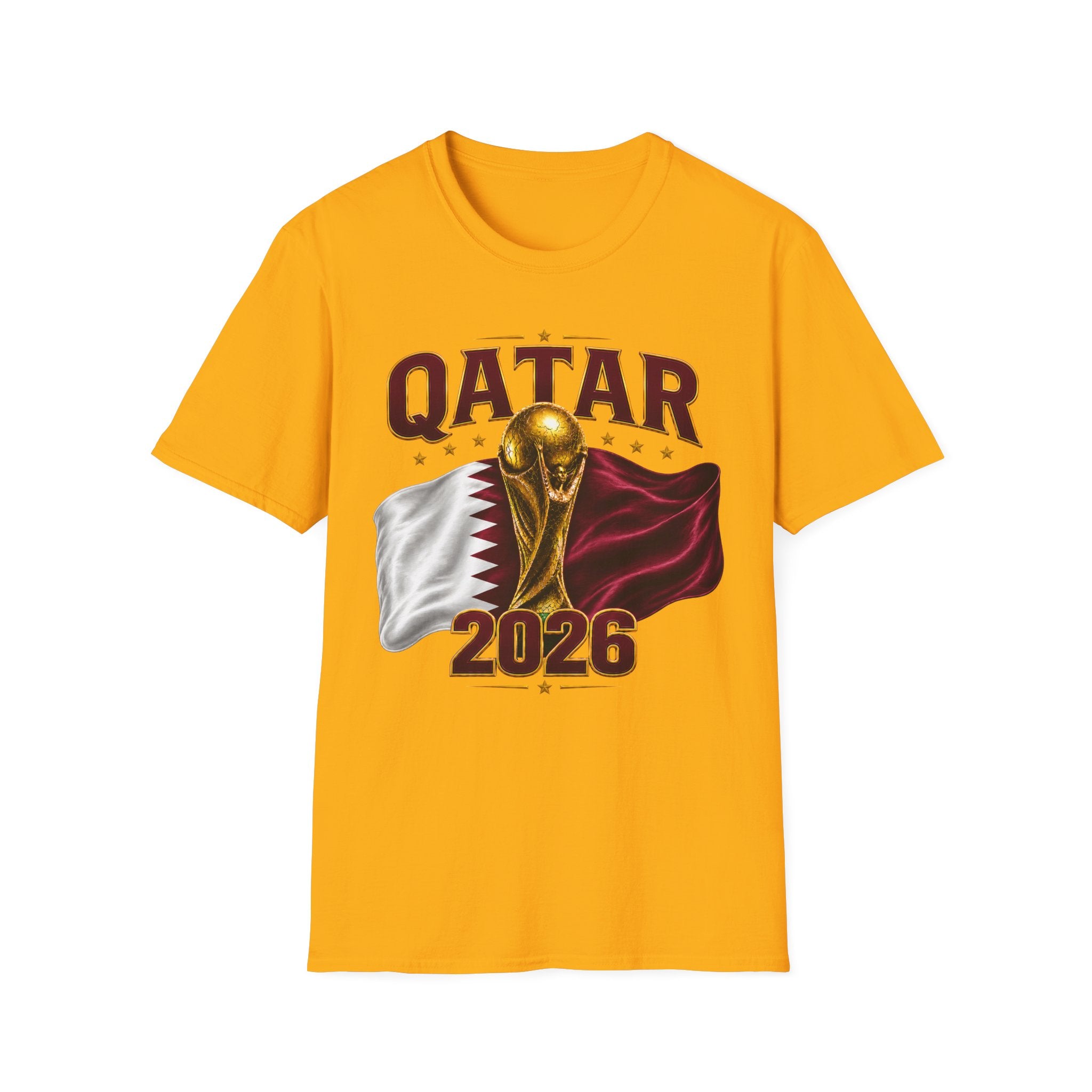 Qatar 2026 World Cup T-Shirt — Golden Trophy & Flag Soccer Tee