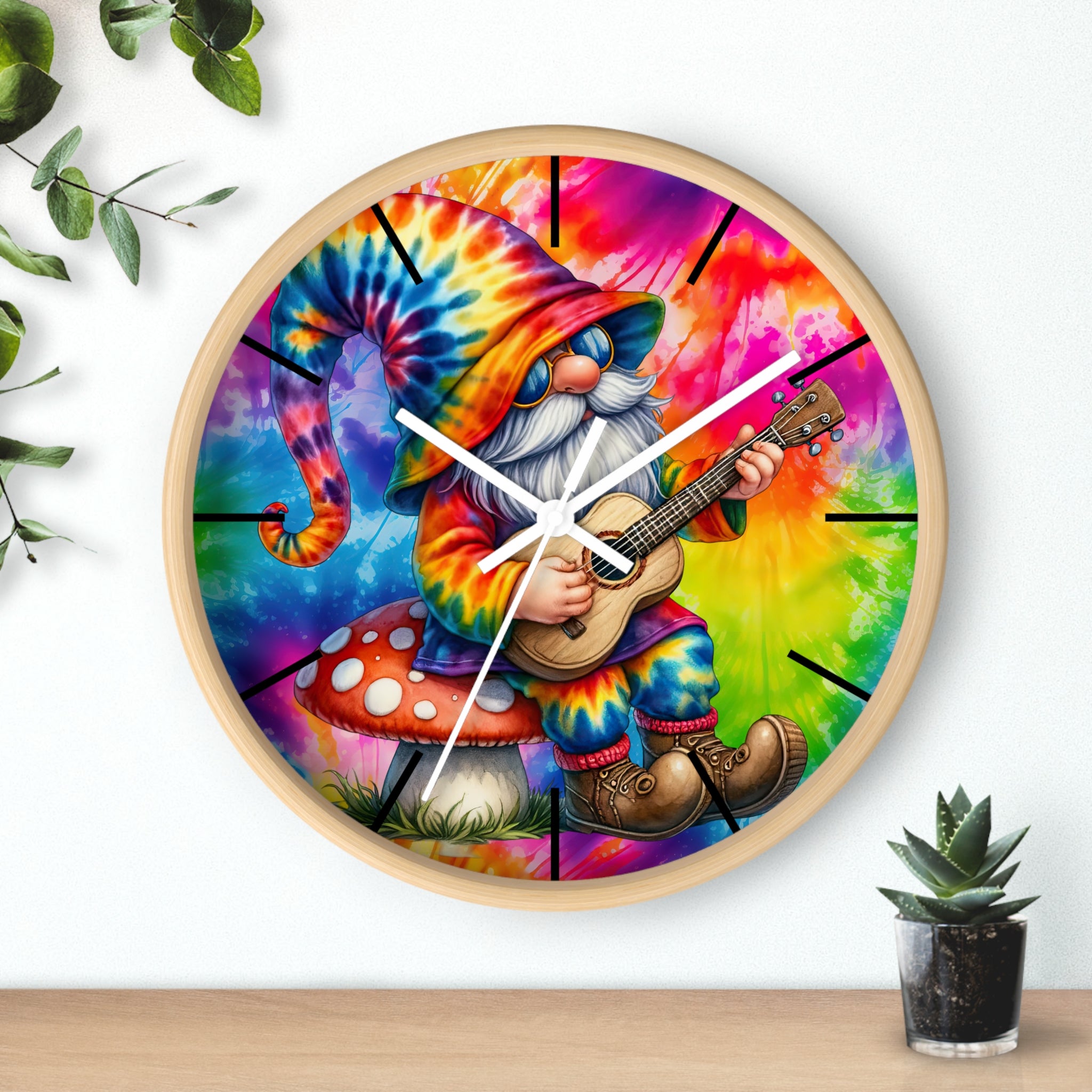Tie-Dye Gnome Wall Clock — Psychedelic Mushroom Guitar Decor