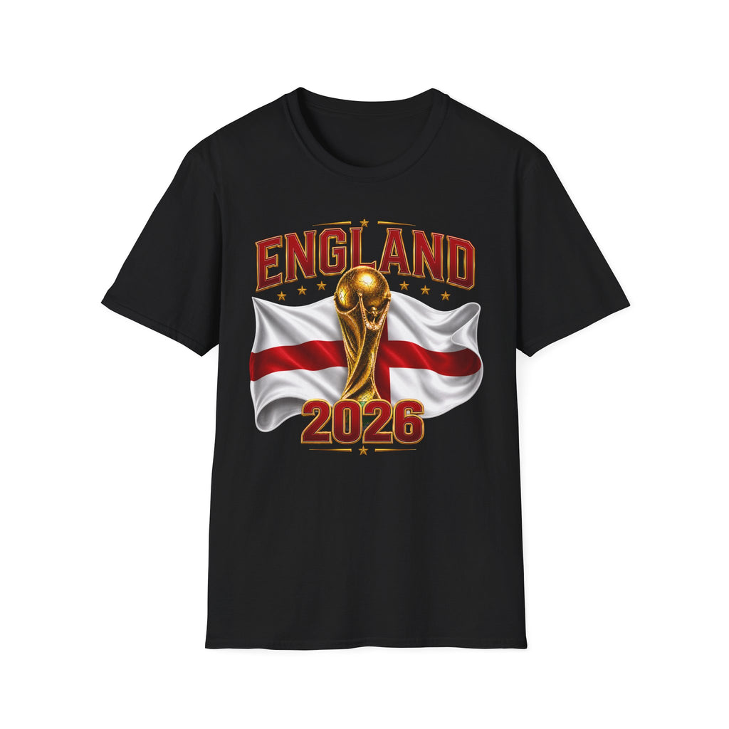 England 2026 World Cup T-Shirt — Gold Trophy & St George’s Flag Soccer Fan Tee