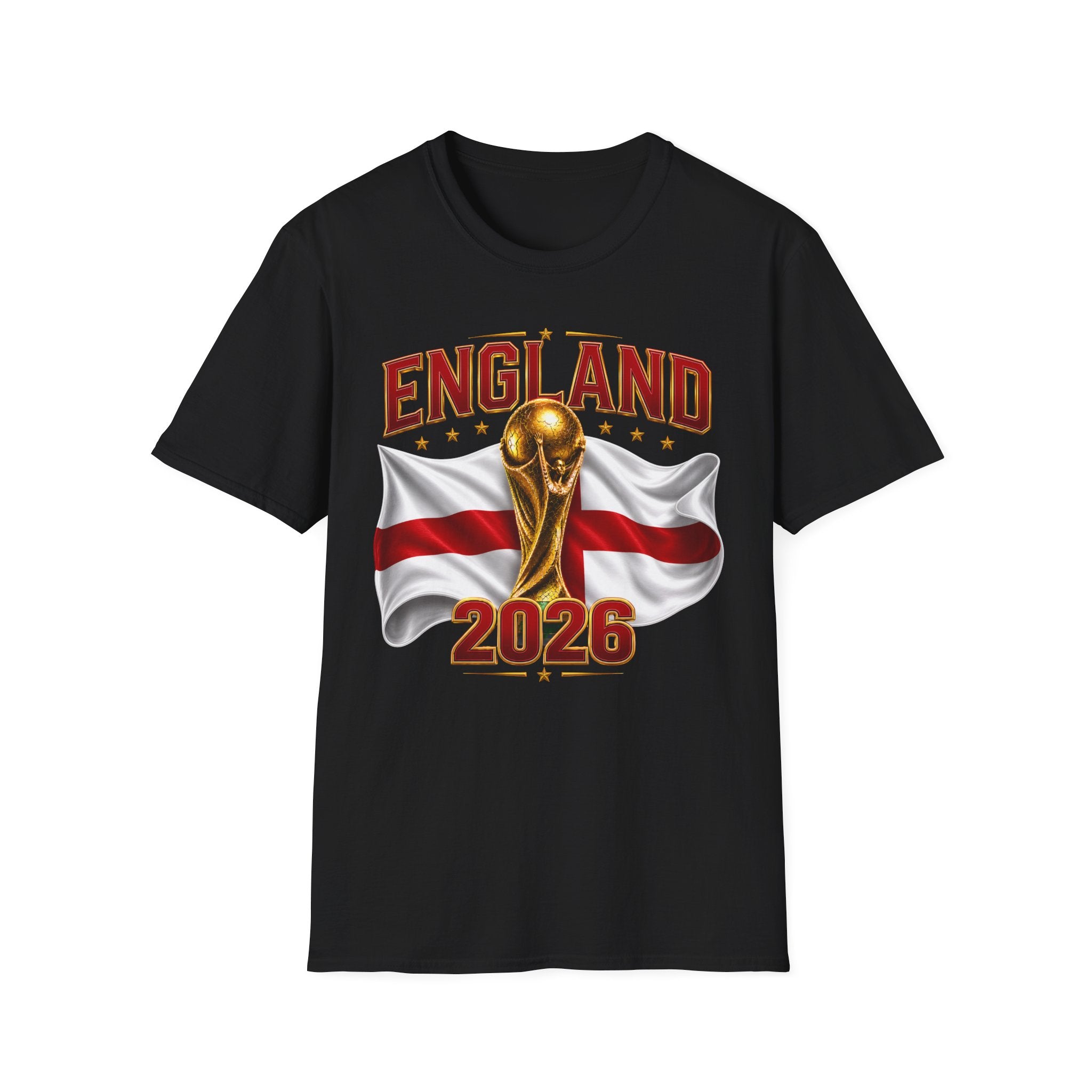 England 2026 World Cup T-Shirt — Gold Trophy & St George’s Flag Soccer Fan Tee