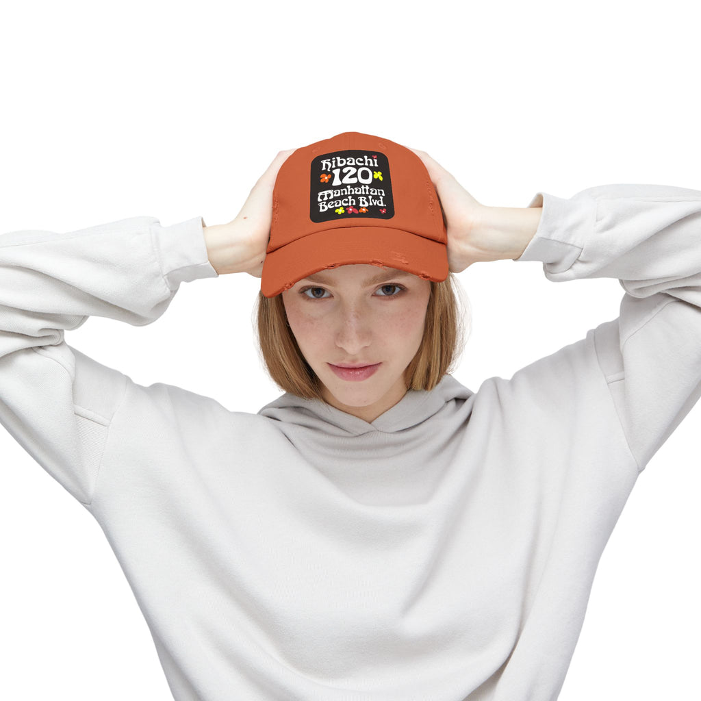 Distressed Cap — Hibachi 120 Manhattan Beach Blvd. Retro Floral Hat "Gone But Not Forgotten" #OldSchool