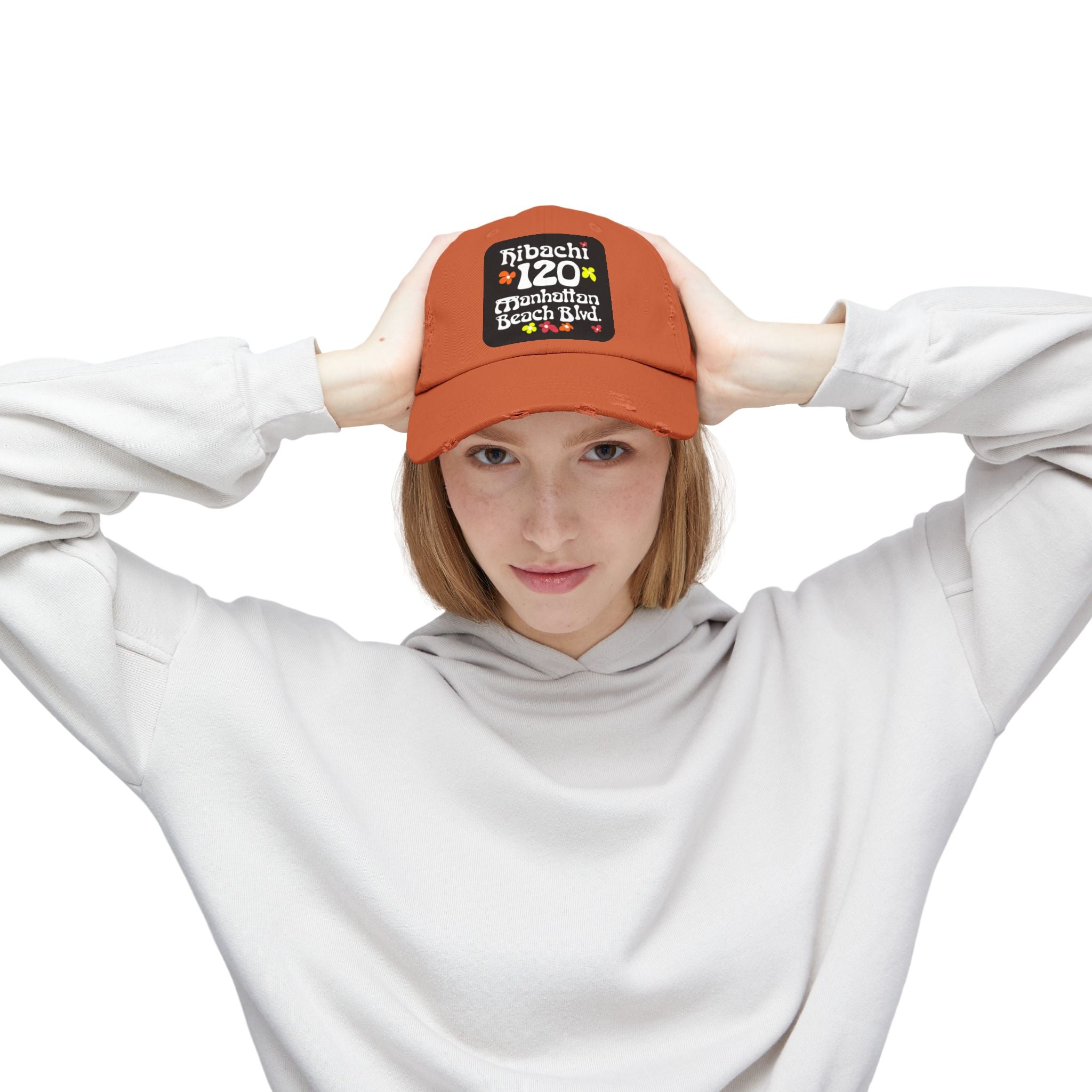 Distressed Cap — Hibachi 120 Manhattan Beach Blvd. Retro Floral Hat "Gone But Not Forgotten" #OldSchool