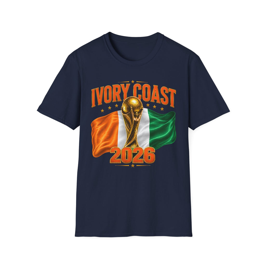 Ivory Coast 2026 World Cup T‑Shirt — FIFA Trophy & Flag Soccer Fan Tee