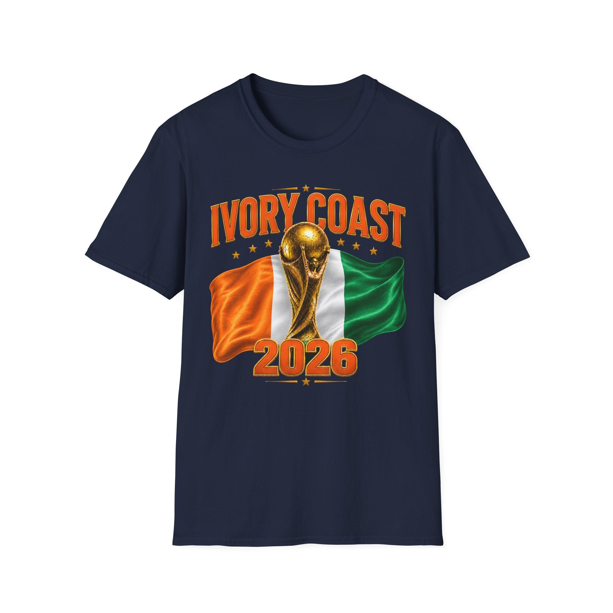 Ivory Coast 2026 World Cup T‑Shirt — FIFA Trophy & Flag Soccer Fan Tee