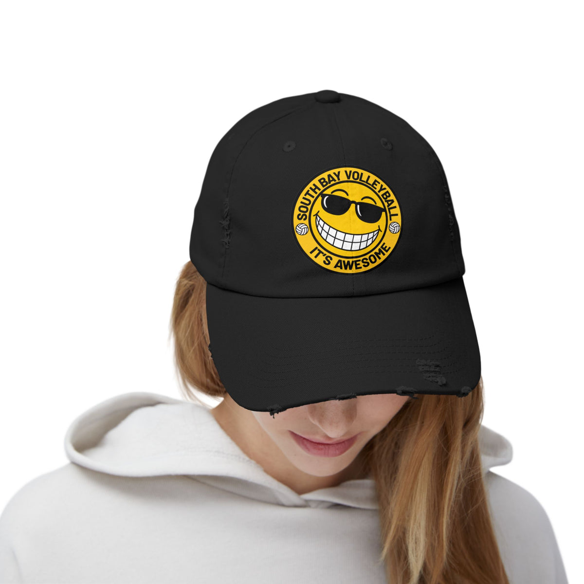 Distressed Volleyball Cap - "South Bay Volleyball It's Awesome" Smiley Logo