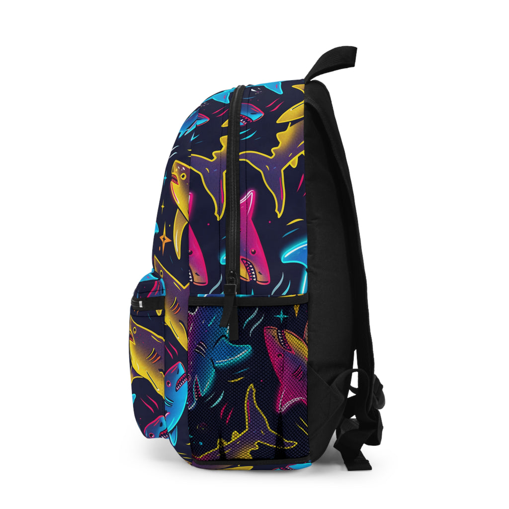 Neon Shark Pattern Backpack | Colorful Ocean Sharks, Starry Night Print