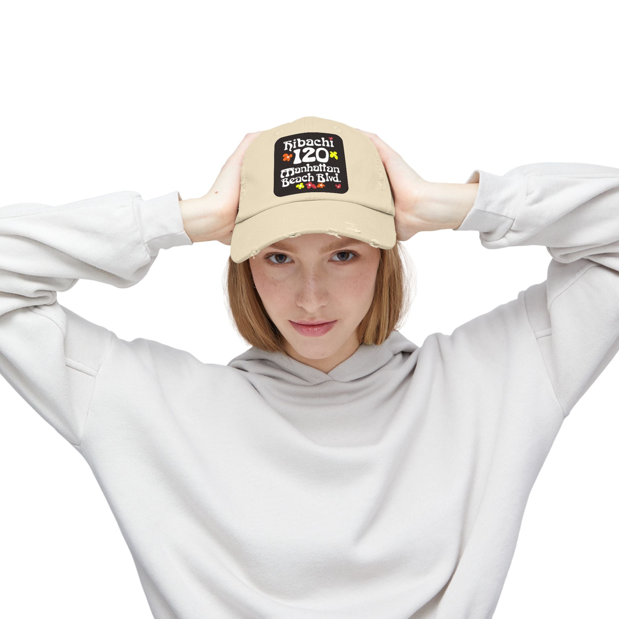 Distressed Cap — Hibachi 120 Manhattan Beach Blvd. Retro Floral Hat "Gone But Not Forgotten" #OldSchool