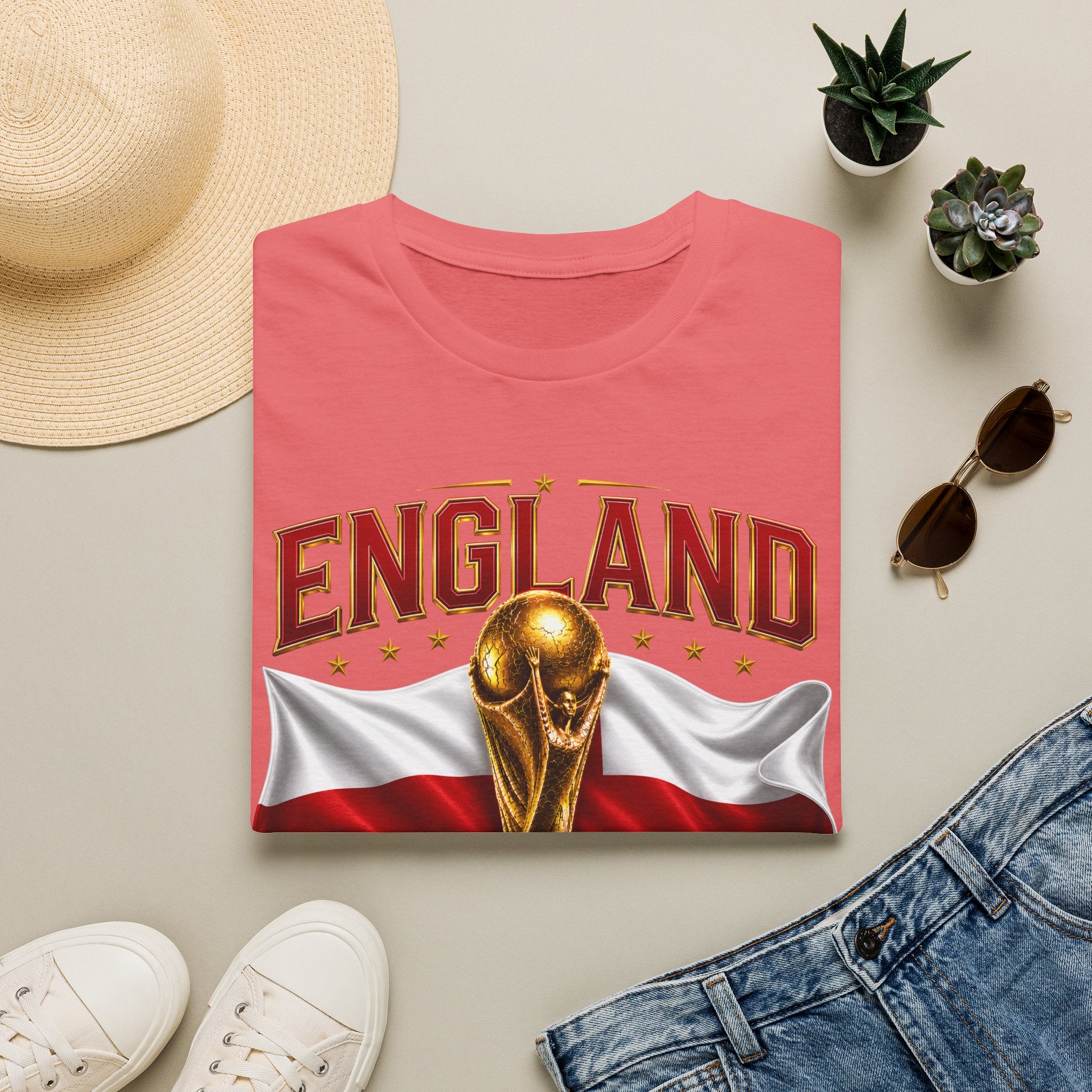 England 2026 World Cup T-Shirt — Gold Trophy & St George’s Flag Soccer Fan Tee