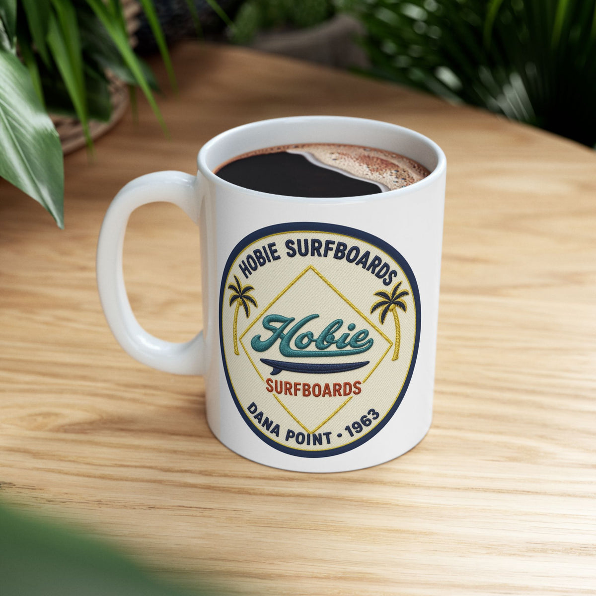 Vintage Beach Club Hobie Surfboards Ceramic Mug – Retro Palm Tree Surf Emblem Since 1963  (11oz, 15oz)