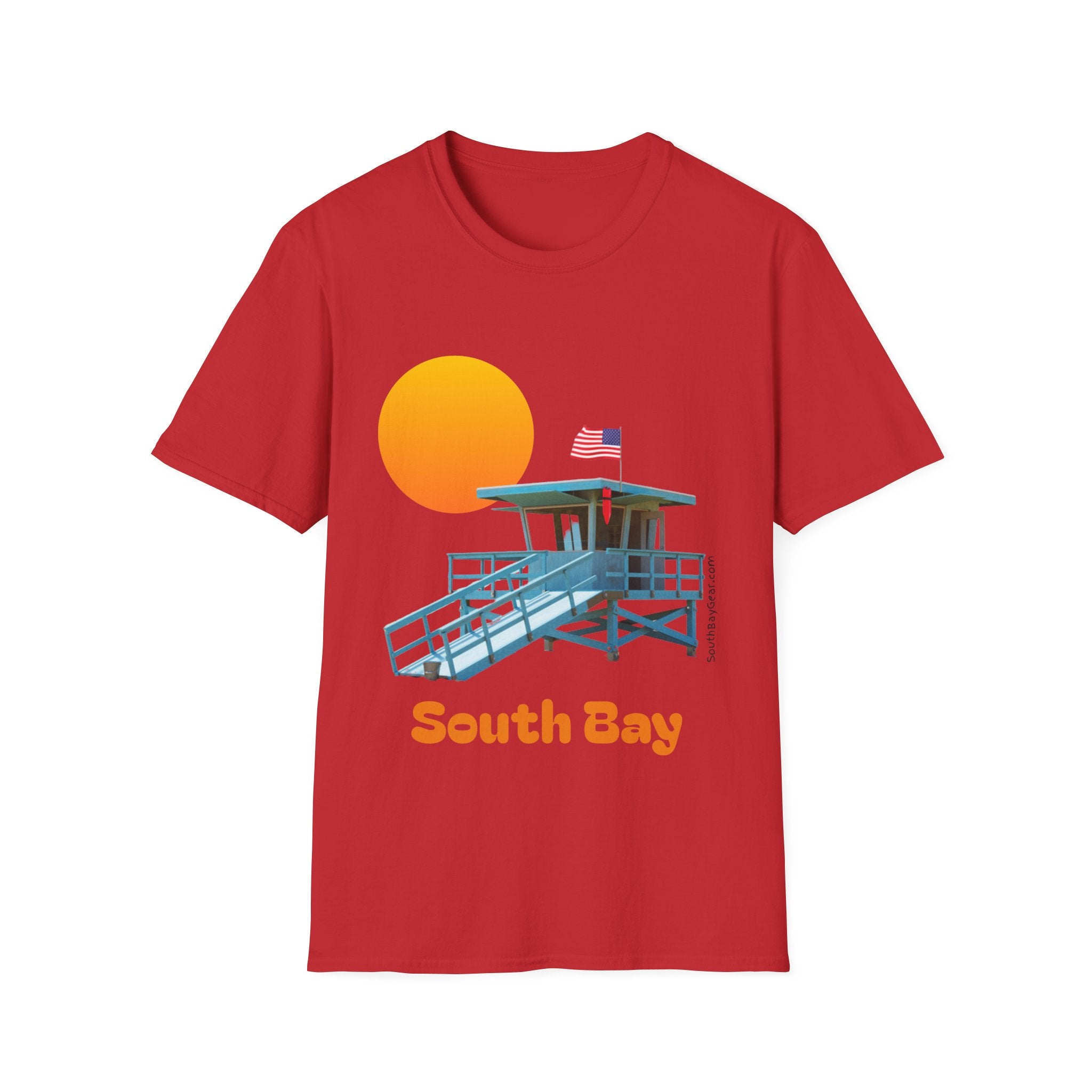 South Bay Lifeguard Stand with American Flag Beach Scene M/W Softstyle T-Shirt