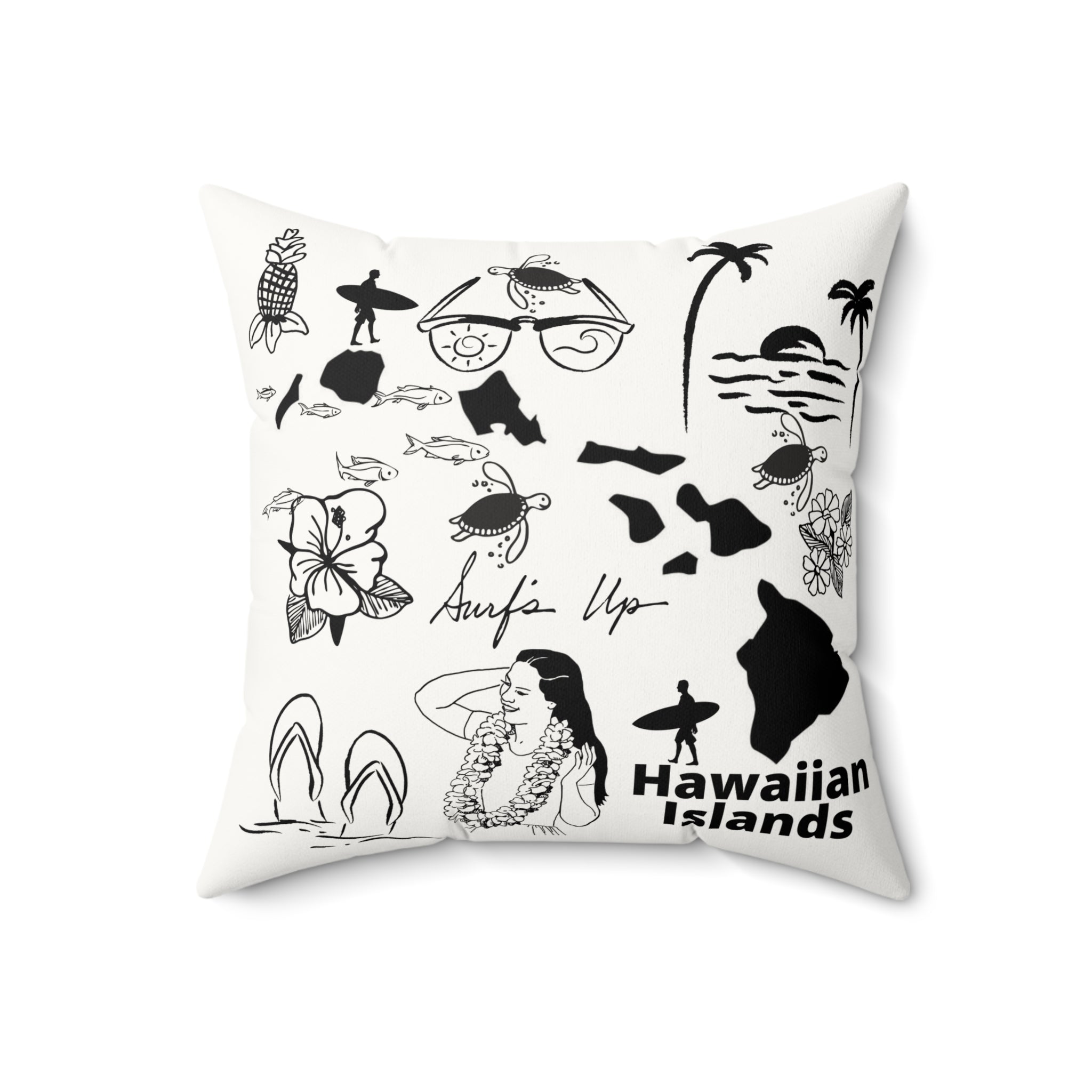 Hawaiian Islands - Black and White Faux Suede Square Pillow