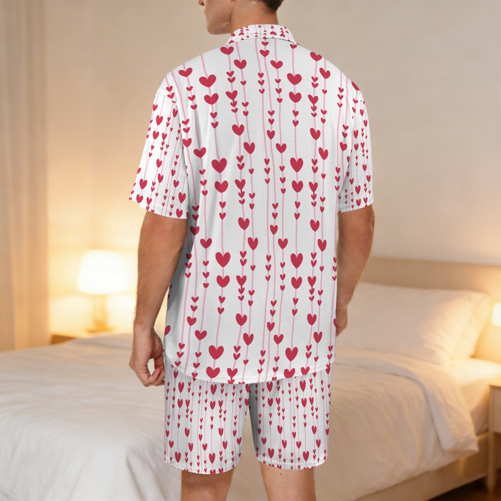 Hearts for You Men's V-Neck Short Pajama Set (Made in USA，Ships to USA Only)