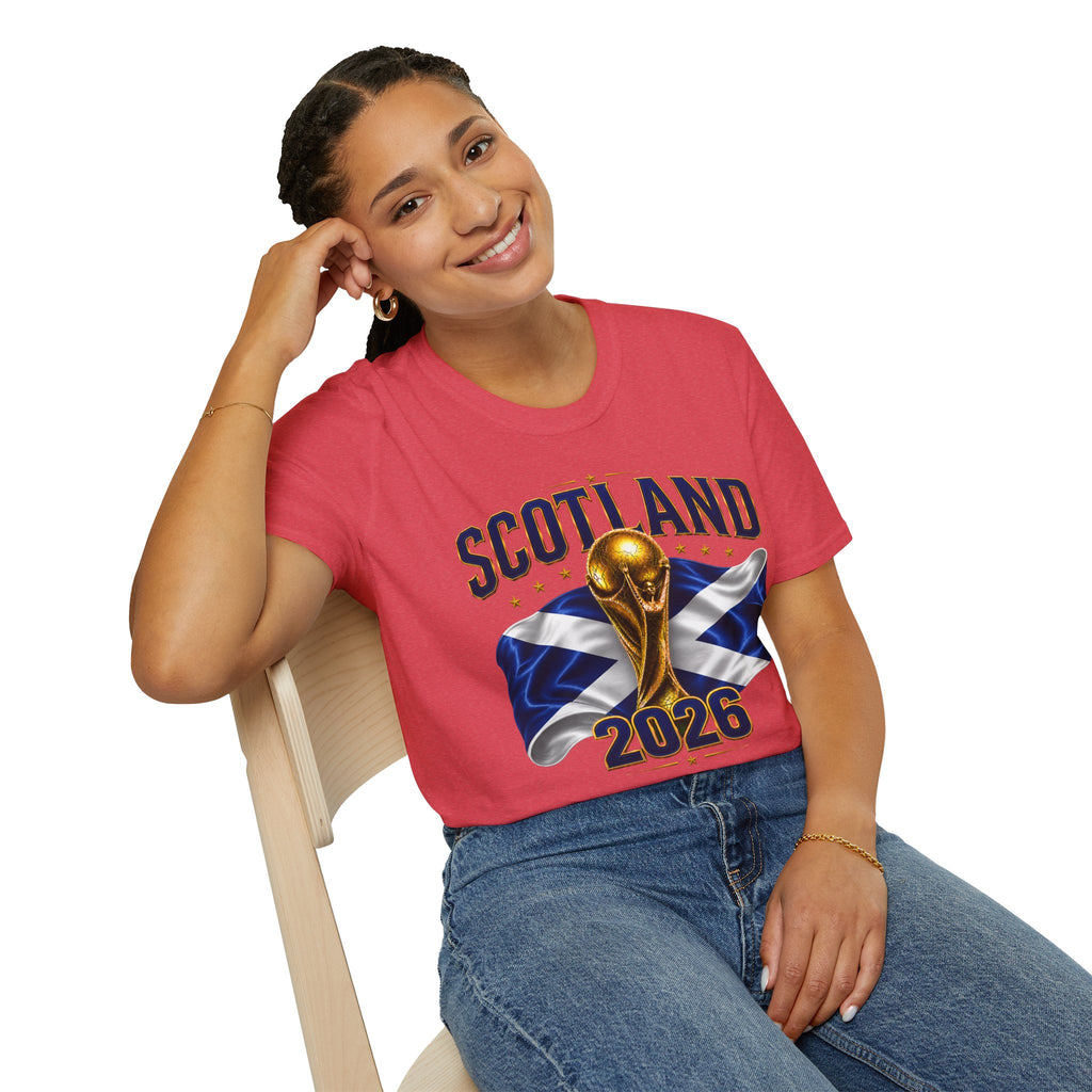 Scotland 2026 World Cup Soccer T-Shirt — Scottish Flag & Trophy Football Tee