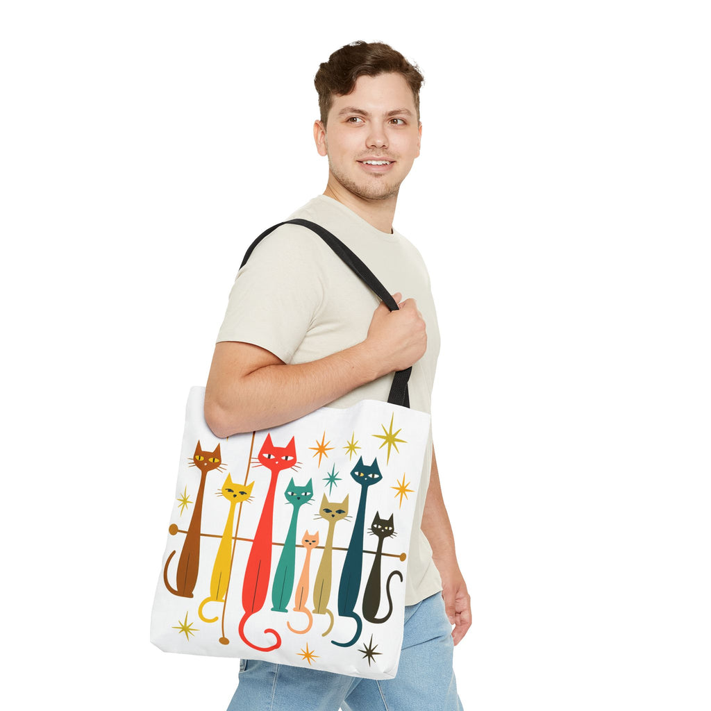 Retro Long Cats Tote Bag | Colorful Mid-Century Cat Pattern