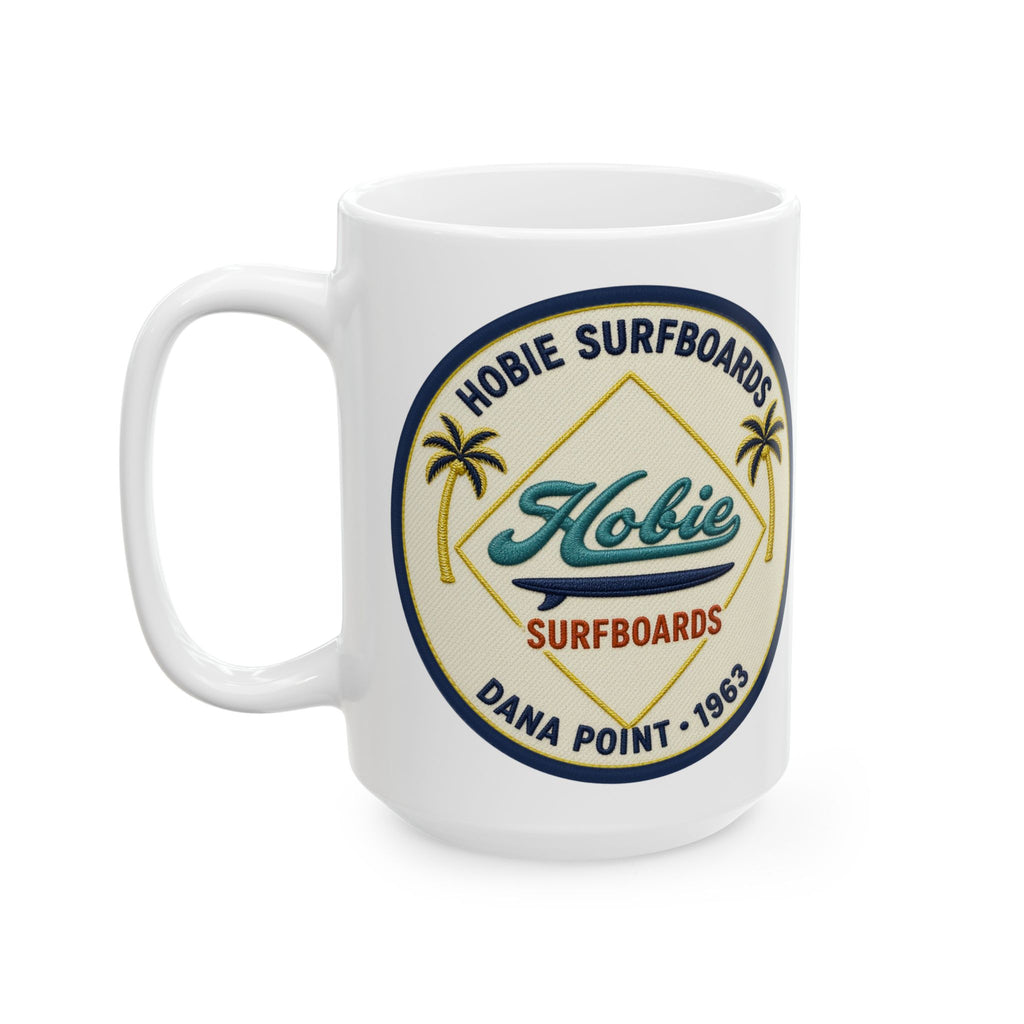 Vintage Beach Club Hobie Surfboards Ceramic Mug – Retro Palm Tree Surf Emblem Since 1963  (11oz, 15oz)