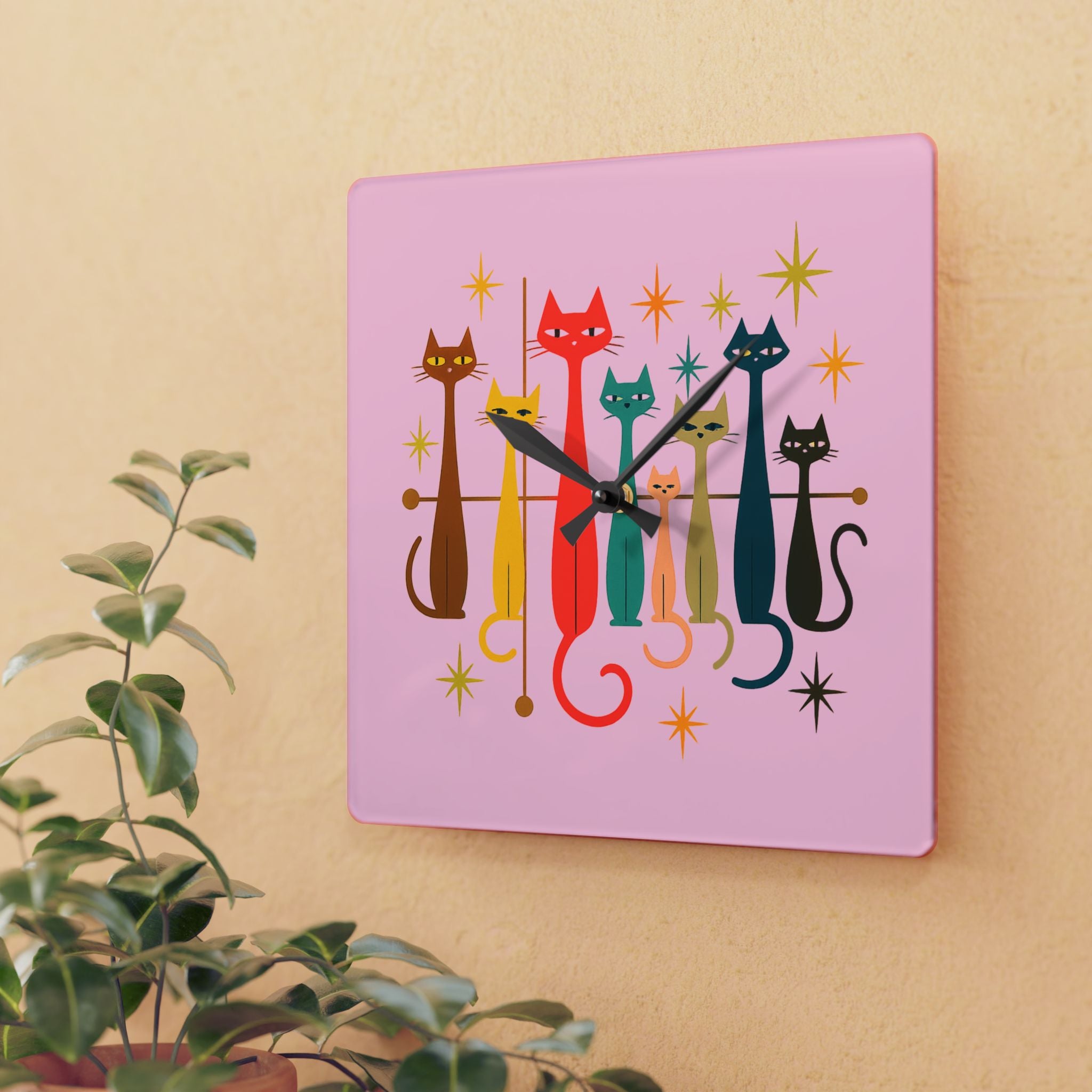 Retro Mid-Century Stylized Cats Acrylic Wall Clock | Pink Atomic Starburst