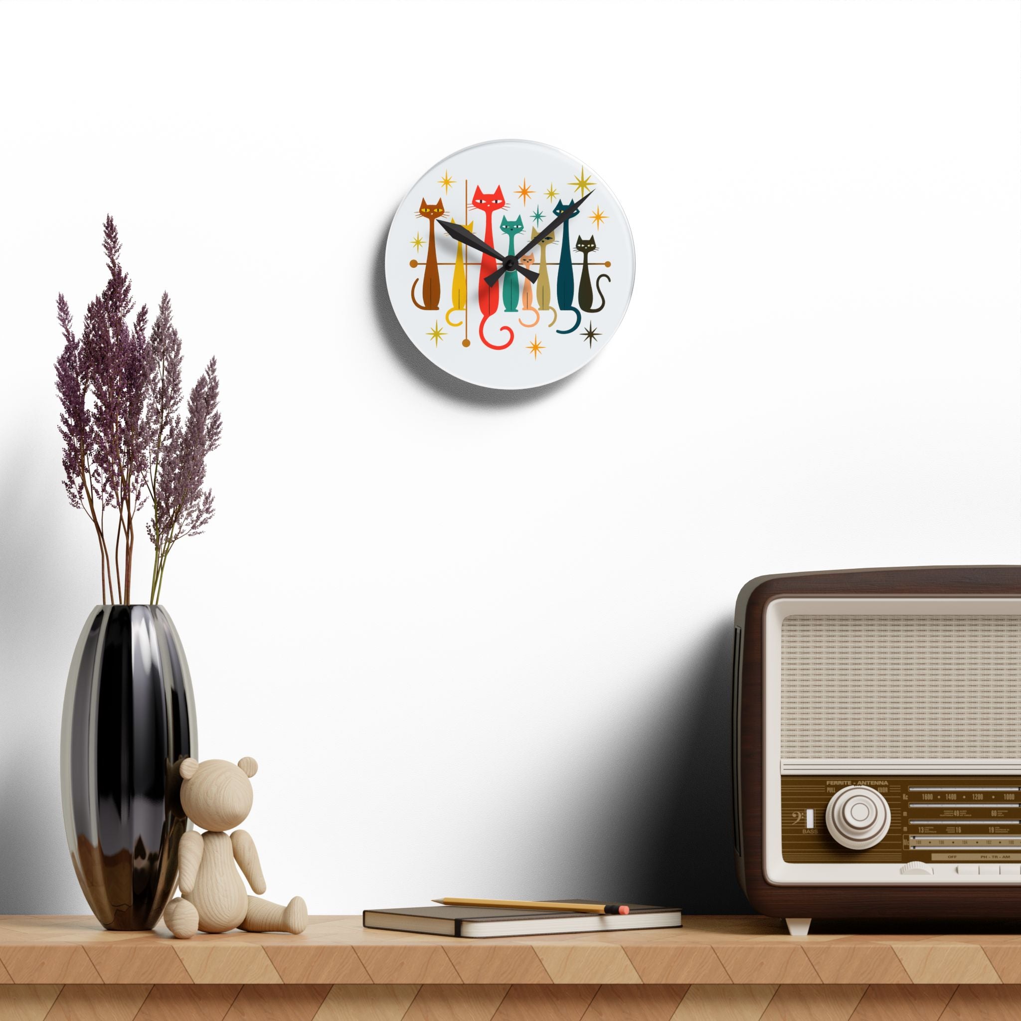 Retro Mid-Century Stylized Cats Acrylic Wall Clock | Pink Atomic Starburst