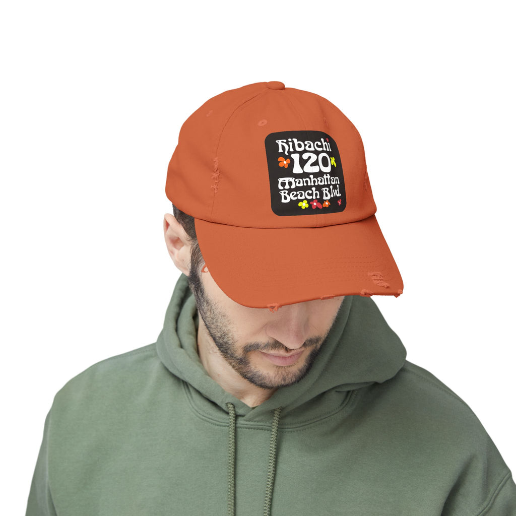 Distressed Cap — Hibachi 120 Manhattan Beach Blvd. Retro Floral Hat "Gone But Not Forgotten" #OldSchool