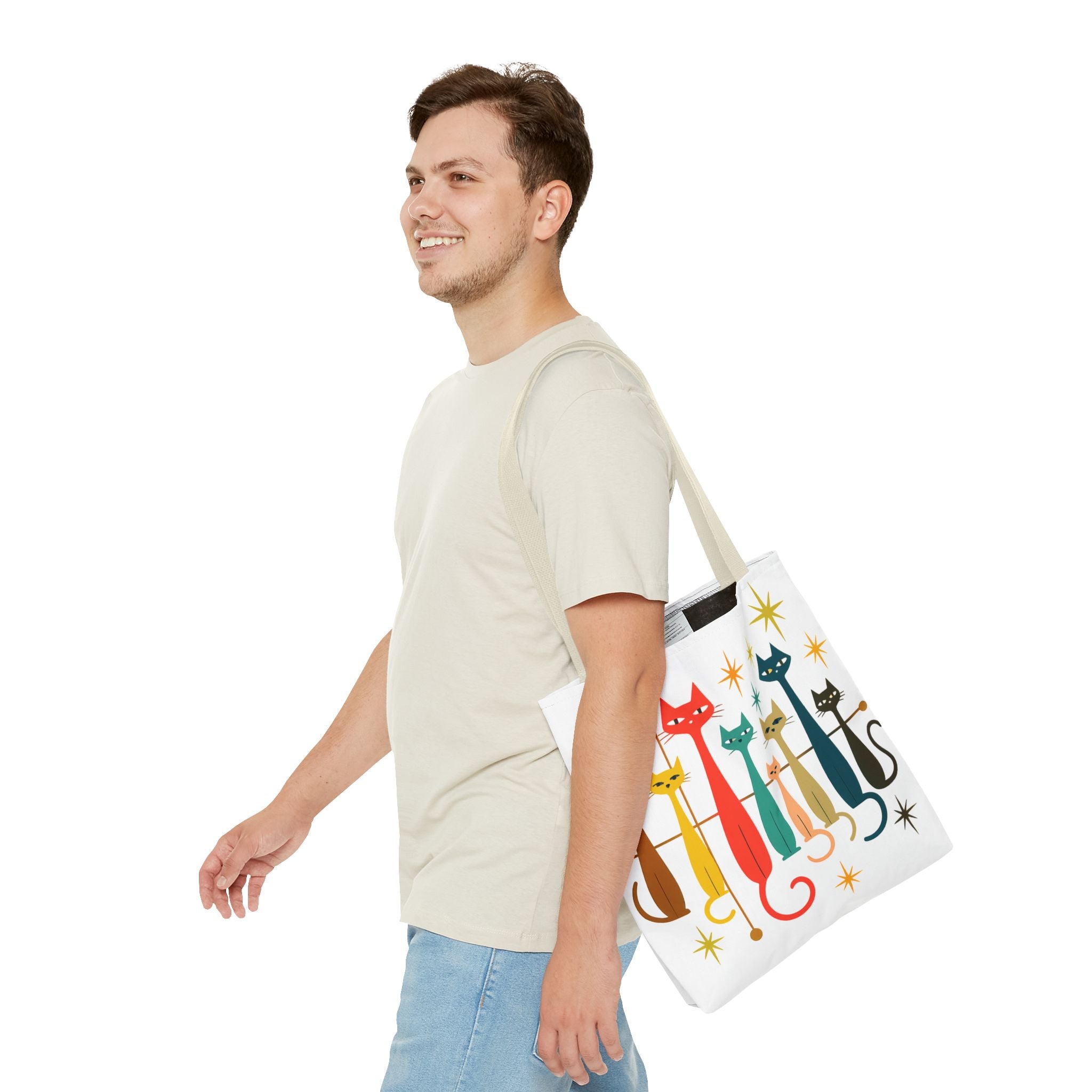 Retro Long Cats Tote Bag | Colorful Mid-Century Cat Pattern