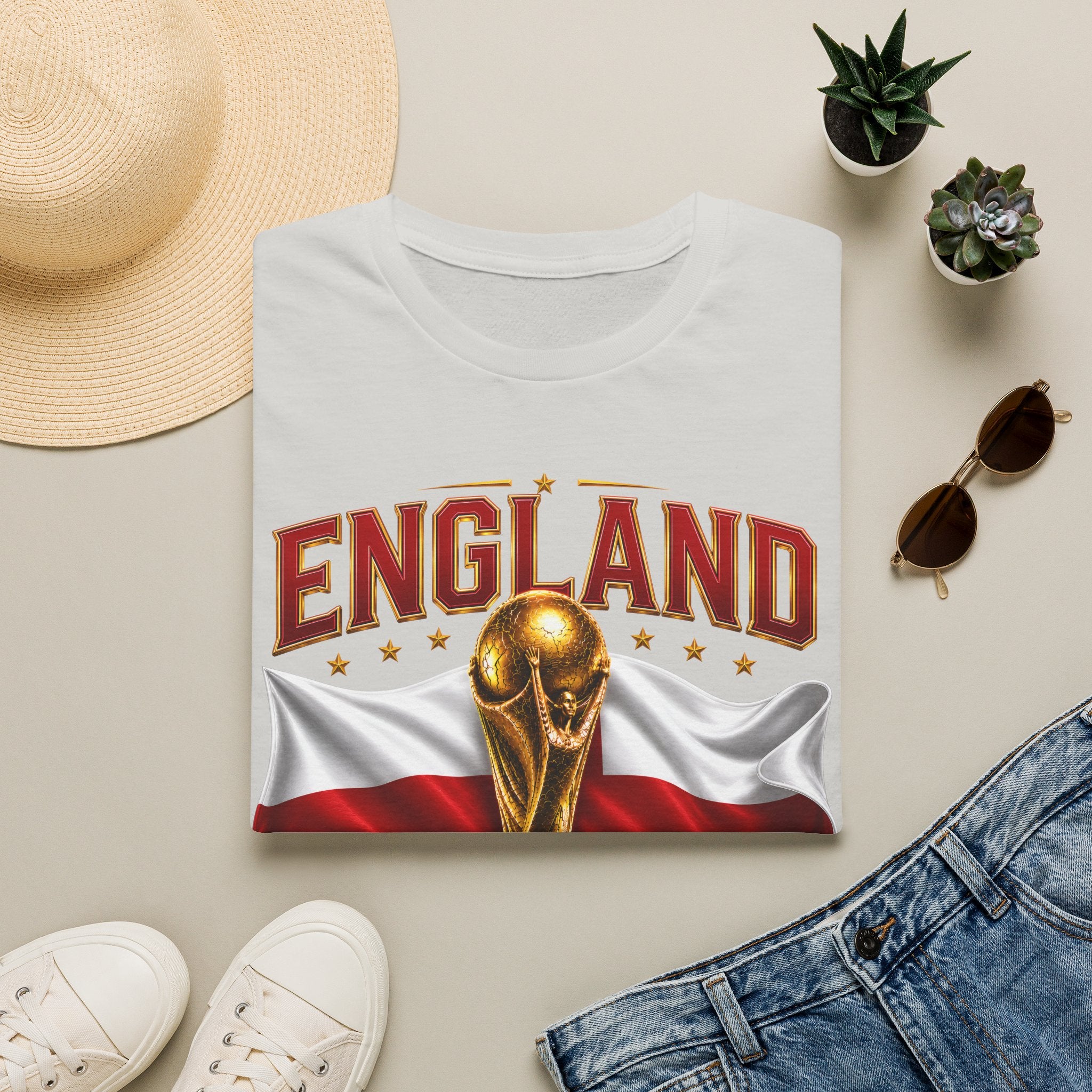 England 2026 World Cup T-Shirt — Gold Trophy & St George’s Flag Soccer Fan Tee