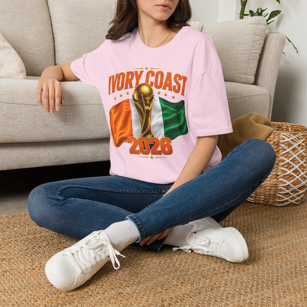 Ivory Coast 2026 World Cup T‑Shirt — FIFA Trophy & Flag Soccer Fan Tee