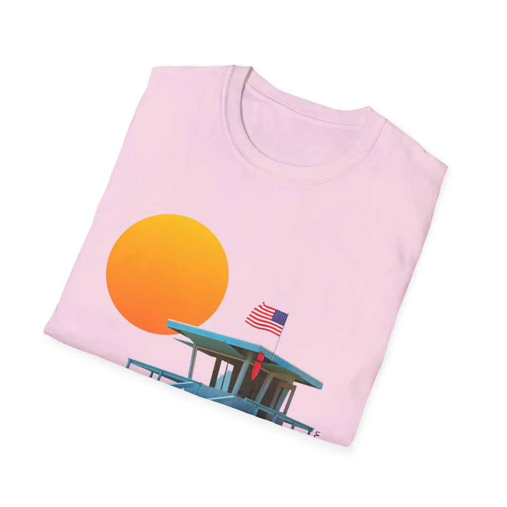 South Bay Lifeguard Stand with American Flag Beach Scene M/W Softstyle T-Shirt