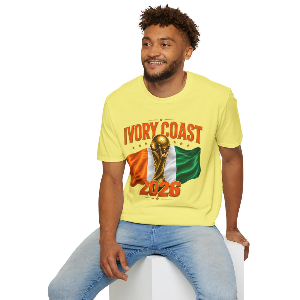 Ivory Coast 2026 World Cup T‑Shirt — FIFA Trophy & Flag Soccer Fan Tee