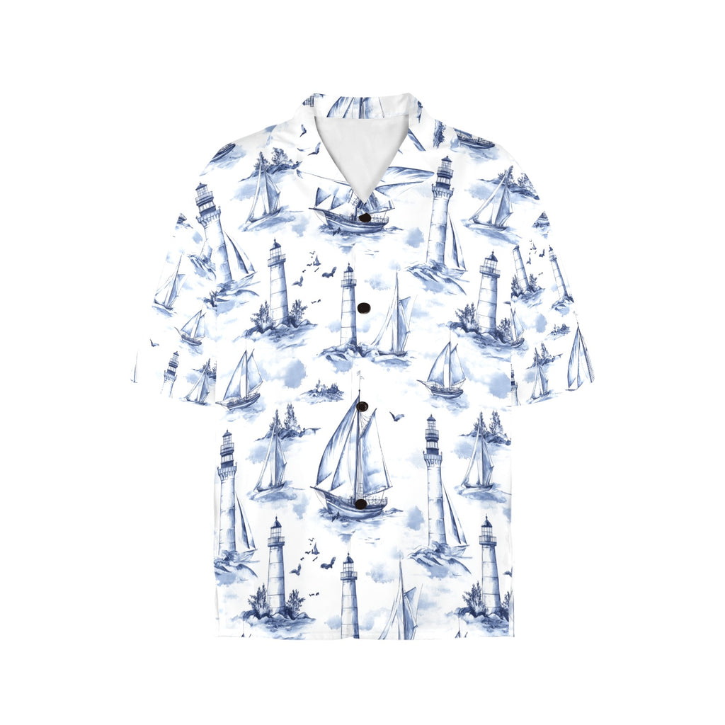 Lighthouse and Sail Ship Nautical Women's All Over Print Hawaiian Shirt Made in USA