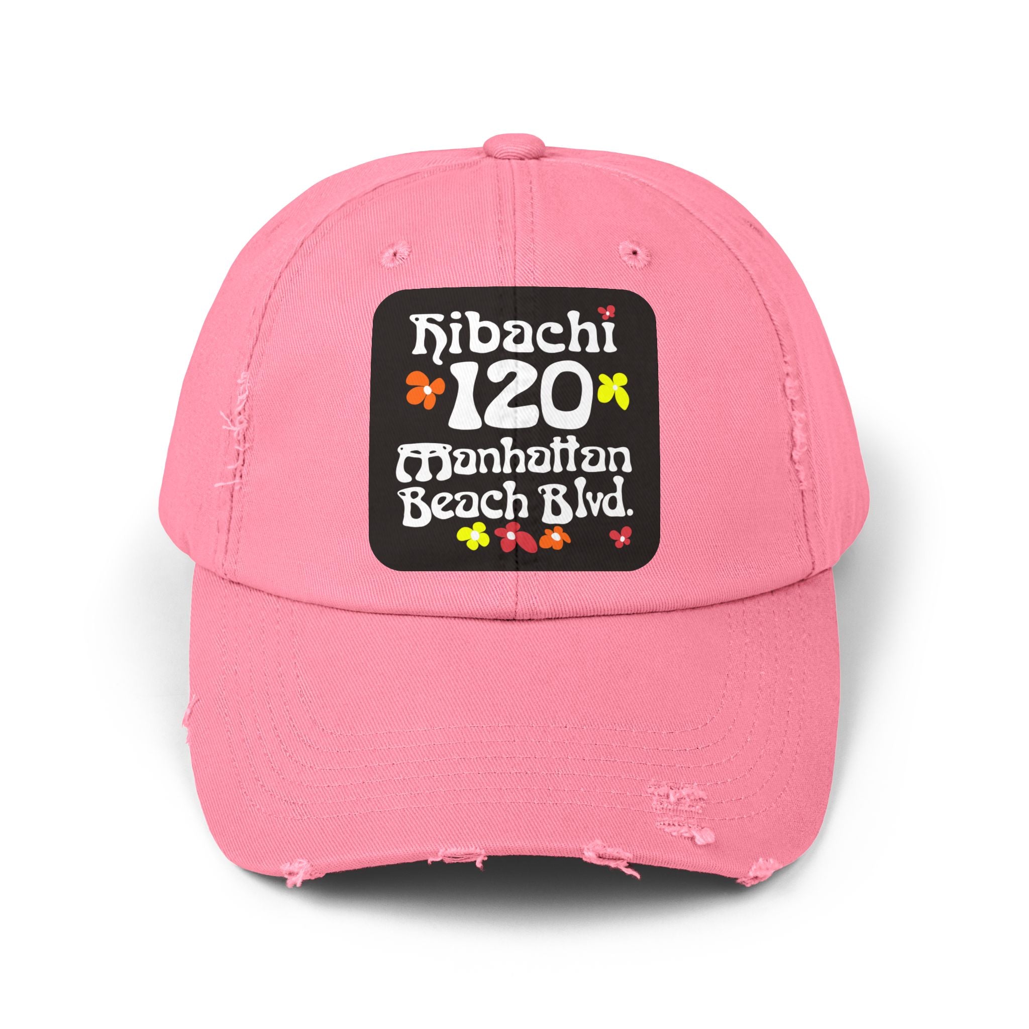 Distressed Cap — Hibachi 120 Manhattan Beach Blvd. Retro Floral Hat "Gone But Not Forgotten" #OldSchool