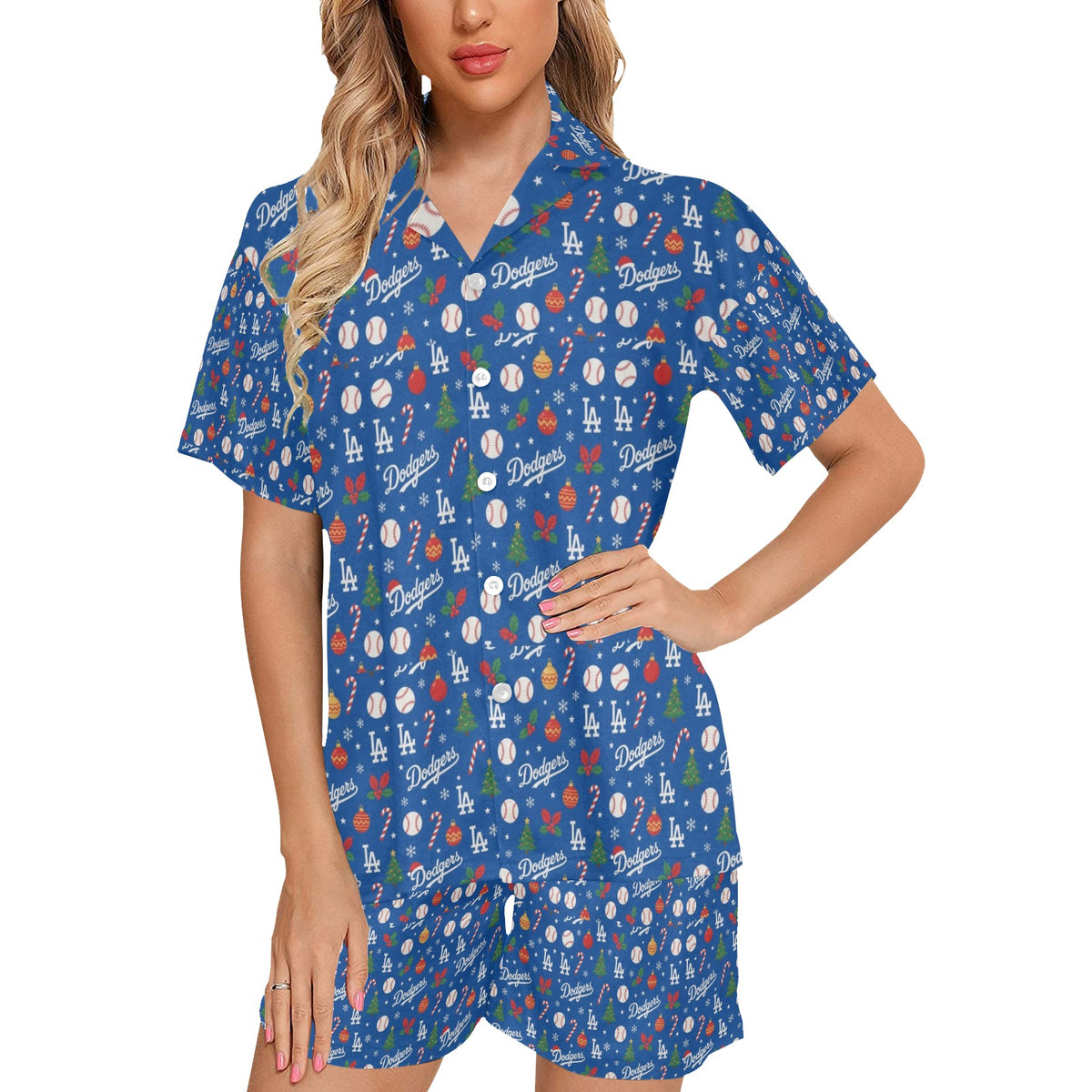 Dodgers Christmas Women's V-Neck Short Pajama Set Made in USA Free shipping
