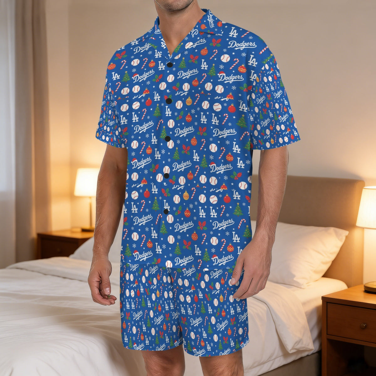 Dodgers Christmas Men's V-Neck Short Pajama Set (Made in USA，Ships to USA Only)
